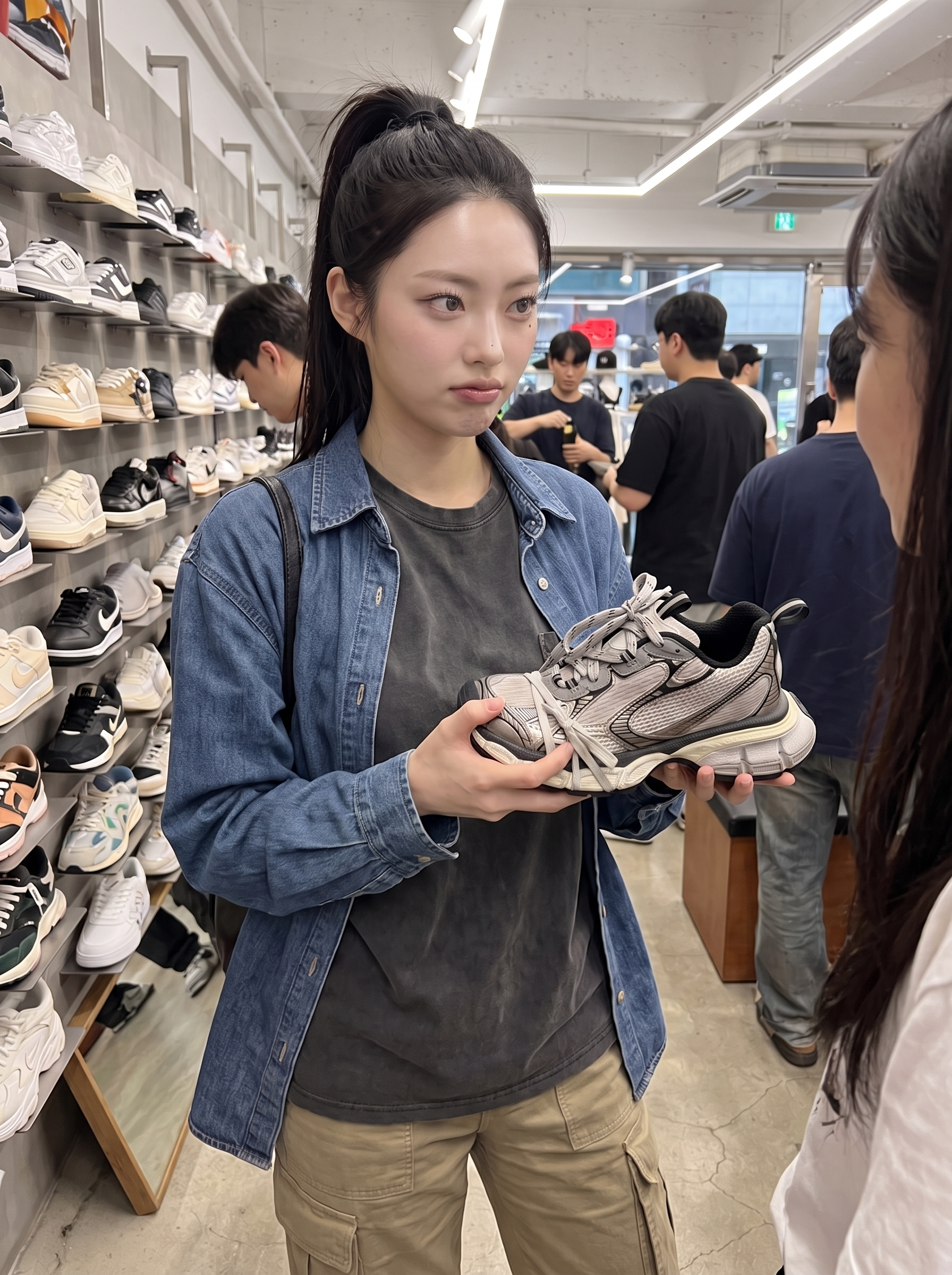 채린 — 운동화를 살펴보며 옆 사람에게 반응하는 일상 콘셉트.