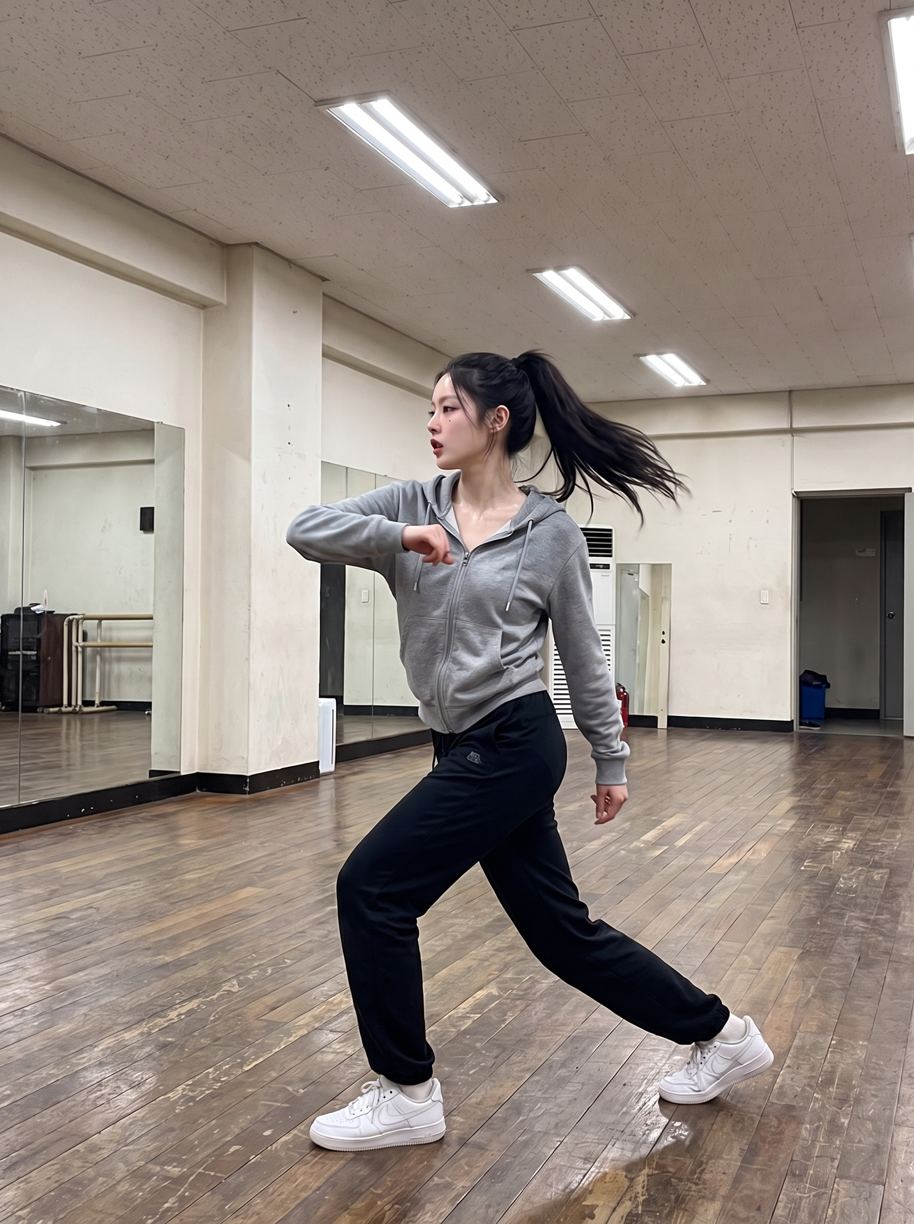 채린 — 거울 쪽을 보며 힘 있는 스텝을 맞추는 연습실 콘셉트.
