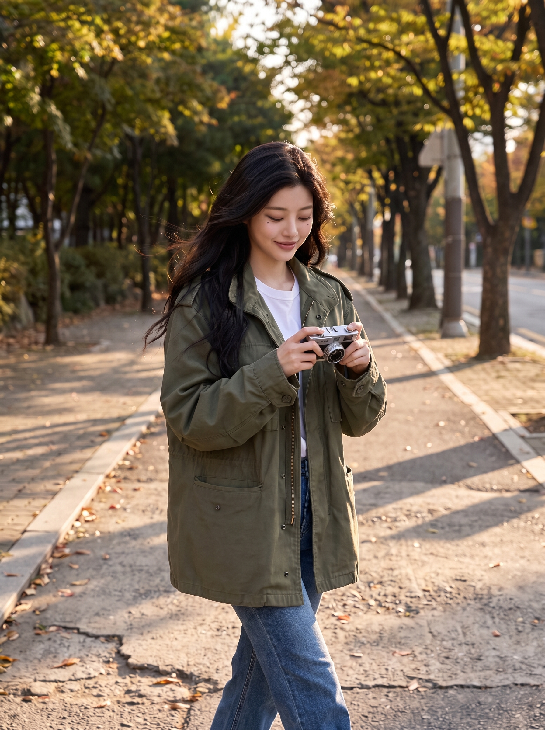 서연 — 필름 카메라를 확인하며 걷는 서연의 일상 콘셉트.