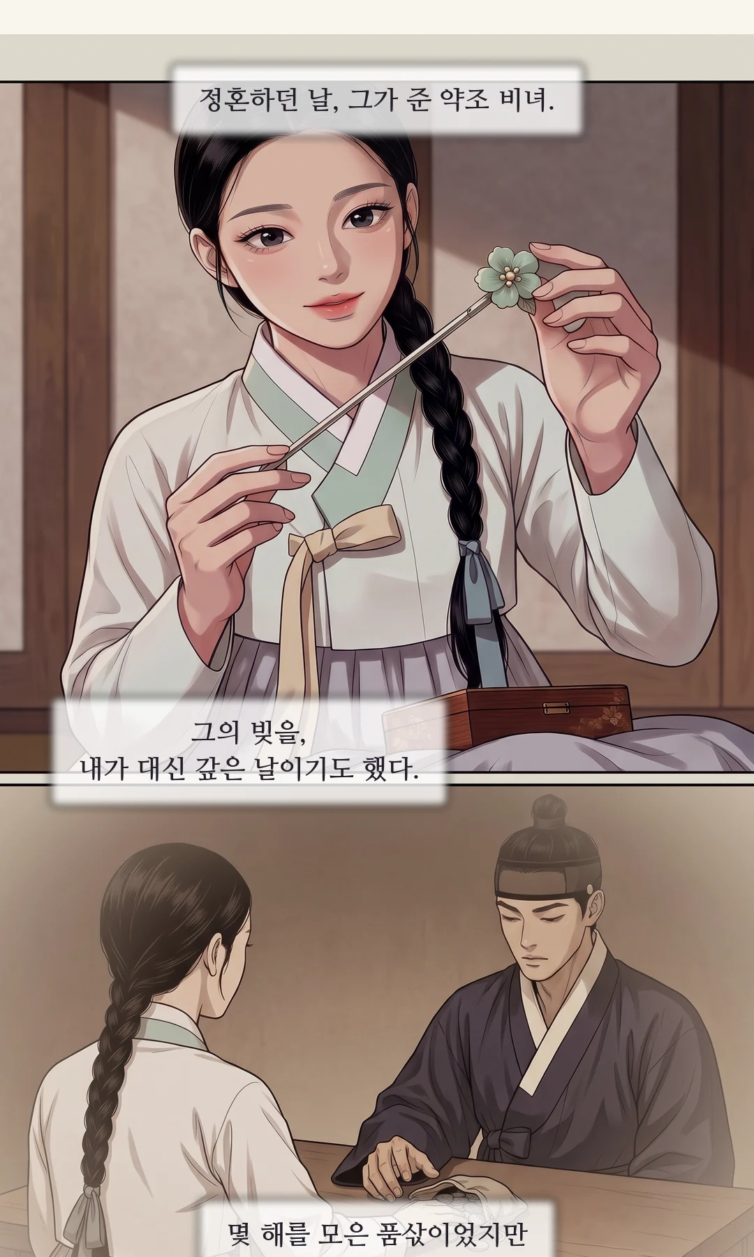 연화 정면. 울지 않는다. 마른 목소리. / 도윤의 팔에 몸을 붙인 채령. 달콤한 웃음. — 연화 "언제부터였어요?" 채령 "처음부터 날 원했어."