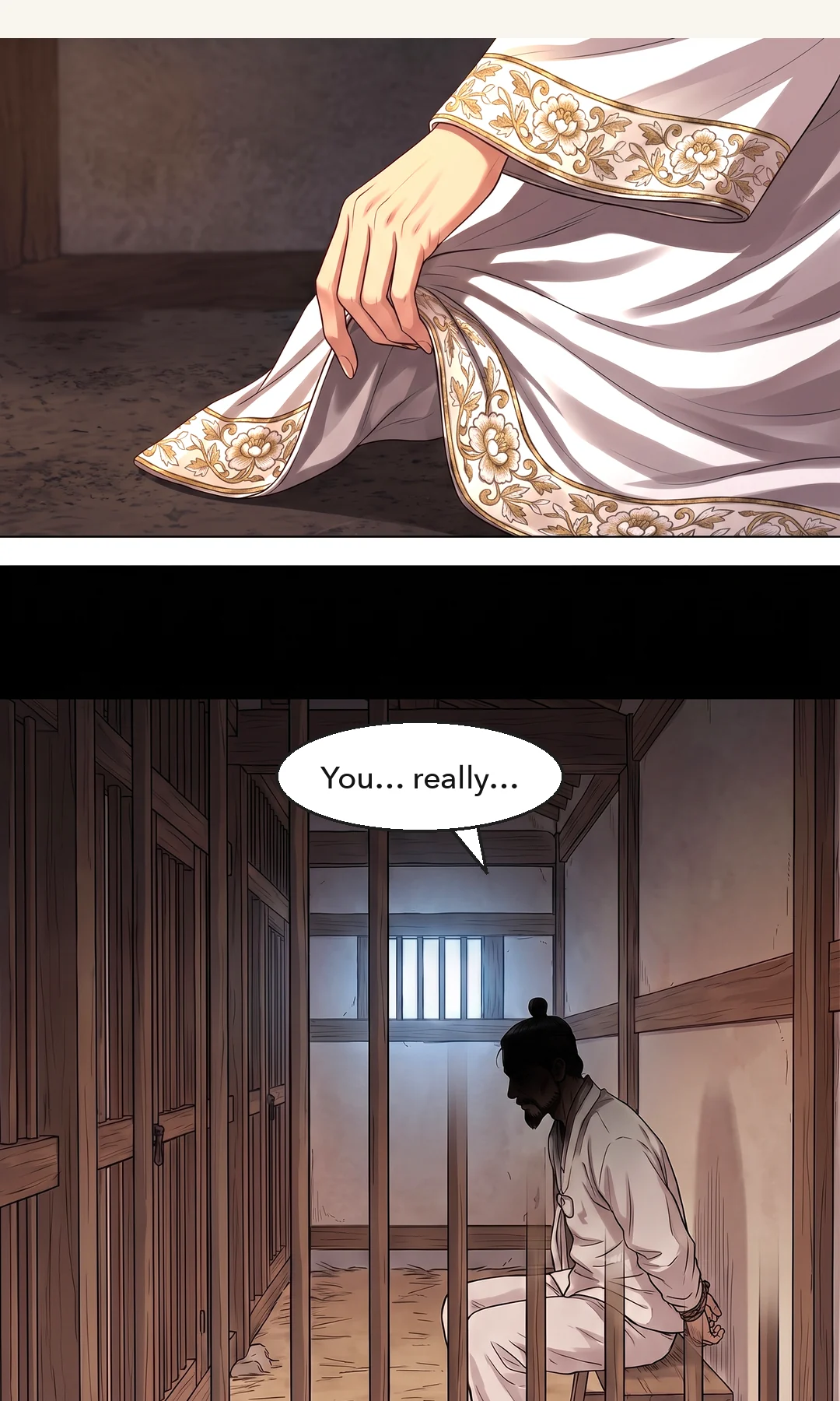 A woman in ceremonial robes seen from behind. Her back is straight. Her face is not shown. — Yeonhwa: "Father."