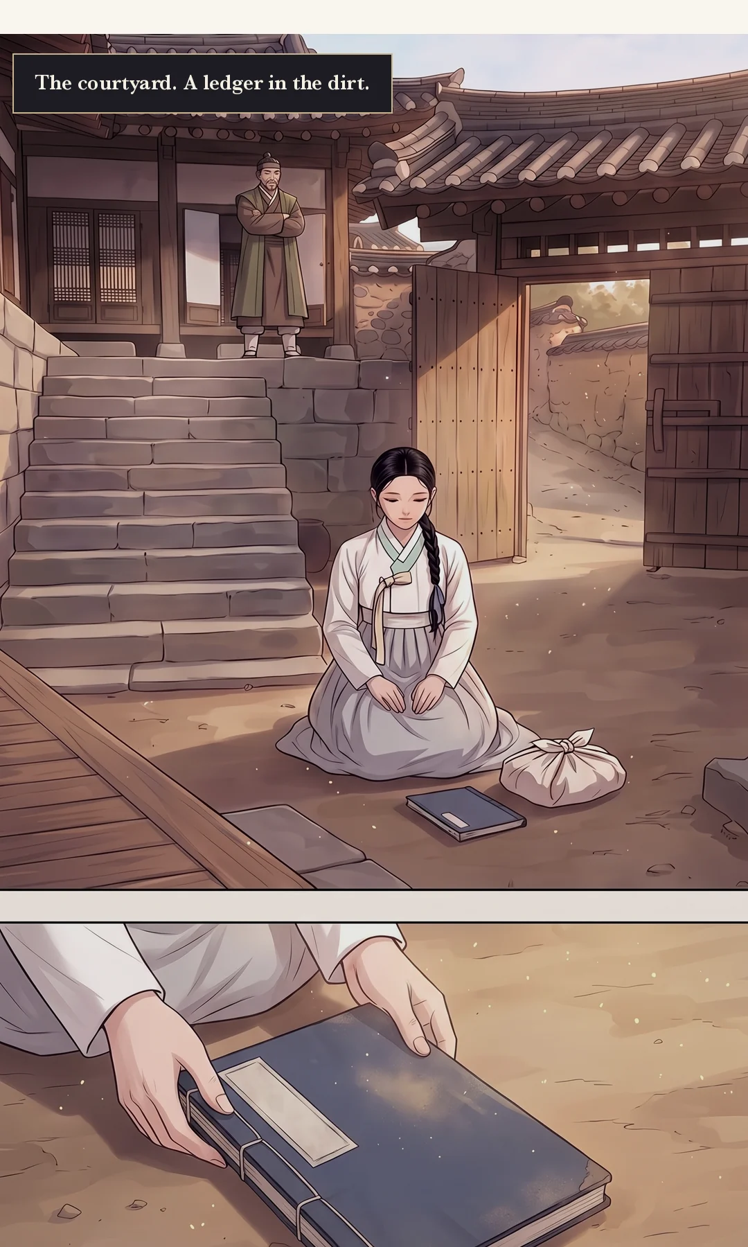 Kneeling in the yard, Yeonhwa wraps the ledger back into the white bundle. / (new · hands) Hands retying the knot of the bundle. — This is all that is left of my mother's now.