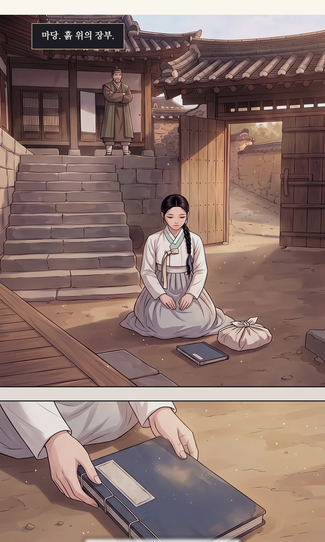 마당에 무릎을 꿇고 장부를 흰 보퉁이에 다시 싸는 연화. / (신규 · 손) 보퉁이의 매듭을 다시 묶는 손. — 어머니의 것은, 이제 이것뿐이다.