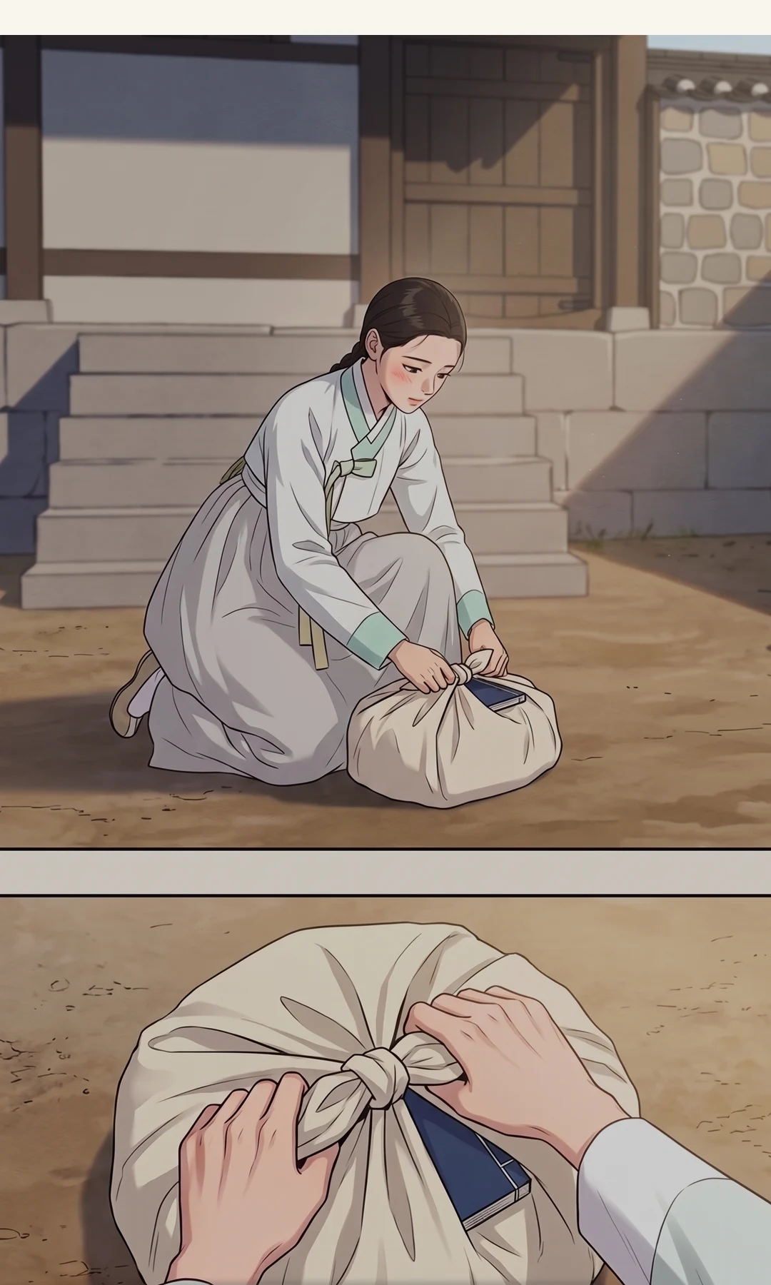 올려다보는 연화. / 보퉁이를 허리 아래로 안고. '어머니의'에서 아주 잠깐 멈춘다. — 서방을 고르겠다던 내 말을, 아버지는 흥정으로 받아쳤다. 어머니의 유품을 인질로. 연화 "어머니의 것은, 제가 가져가겠습니다."