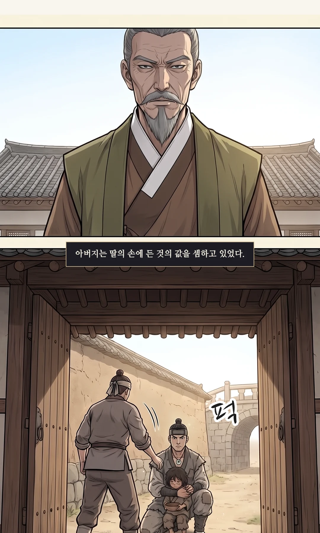 (선언 뒤) 보퉁이를 안고 대문 밖으로 세 걸음. 무진 곁에 멈춰 문 안을 돌아본다. / (신규) 계단 위의 태식. 입이 벌어진 채 — 말이 없다. — 마당이 조용해졌다.