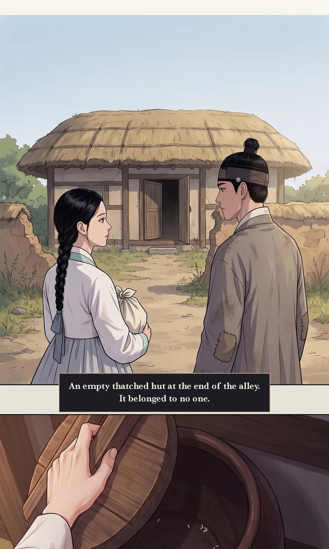 A bare room. Yeonhwa before the empty jar; Mujin scratching his head. / Yeonhwa rolling up her sleeves and unfolding her needle case. Composed, with a touch of mischief. — Yeonhwa: "No rice, but we have needles."