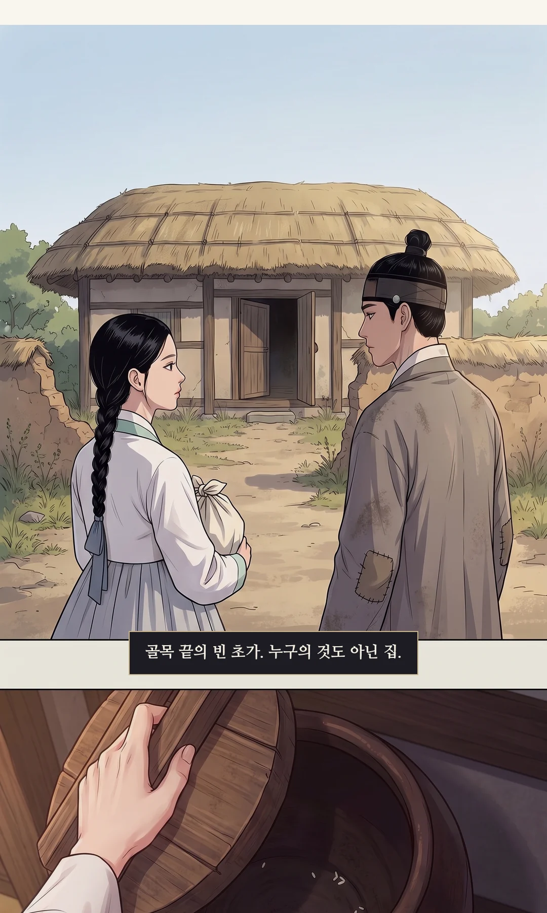 휑한 방. 빈 쌀독 앞의 연화, 머리를 긁는 무진. / 소매를 걷고 바늘 쌈지를 펴는 연화. 담담에 장난기. — 연화 "쌀은 없어도 바늘은 있죠."