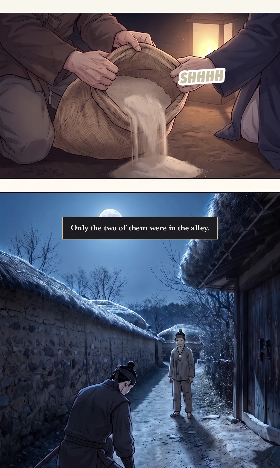 Muyeong lifting his head. Only the last word is startled. / Yi Heon. The beggar's manner is gone — the broad, clear voice of a king. — Muyeong: "Your Majesty, what are you doing here? A marriage?" Yi Heon: "A hundred sacks of rice for the soldiers. The trail of the theft ended at the Yun house."