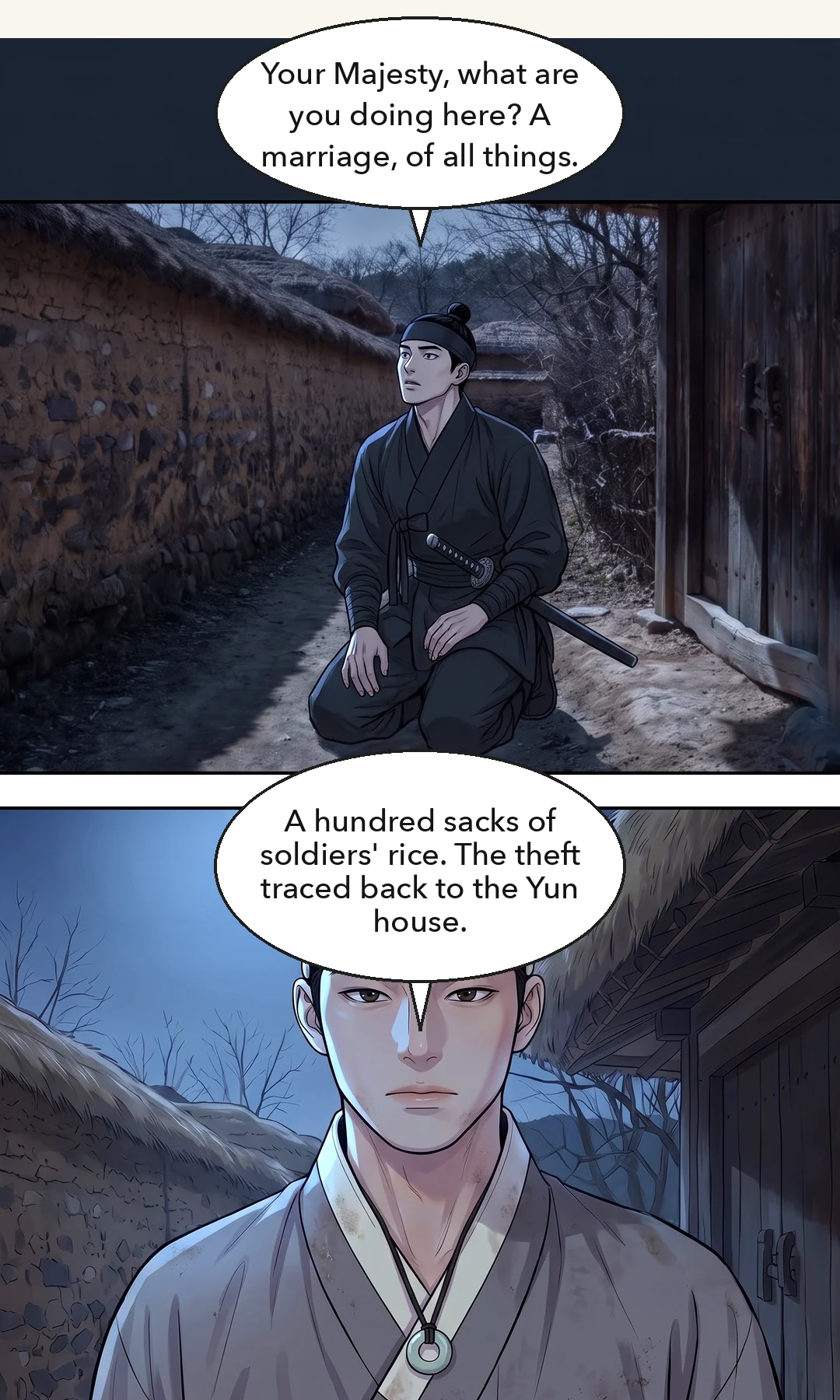 (memory · new · hands) The end of a delivery document — a signature mark beside the red official seal. / Muyeong asking, matter-of-fact. — At the end of the delivery paper for a hundred sacks of sand was the Yun house's mark. Muyeong: "Shall the woman be investigated as well?"