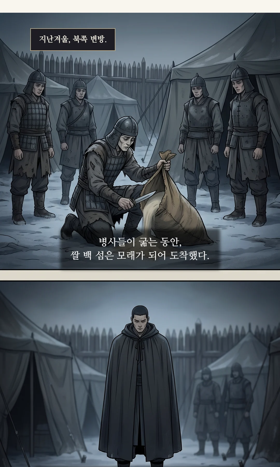 초가 문 쪽을 돌아보는 이헌. 목소리가 다시 낮아진다 — 마른 웃음 한 톨. / (신규) 홀로 남은 무영. 초가 쪽을 한 번 보고 그림자 속으로 물러난다. — 이헌 "…혼인은, 뜻밖이었고." 무영은 더 묻지 않았다. 그 밤부터, 초가를 지키는 눈이 하나 늘었다.