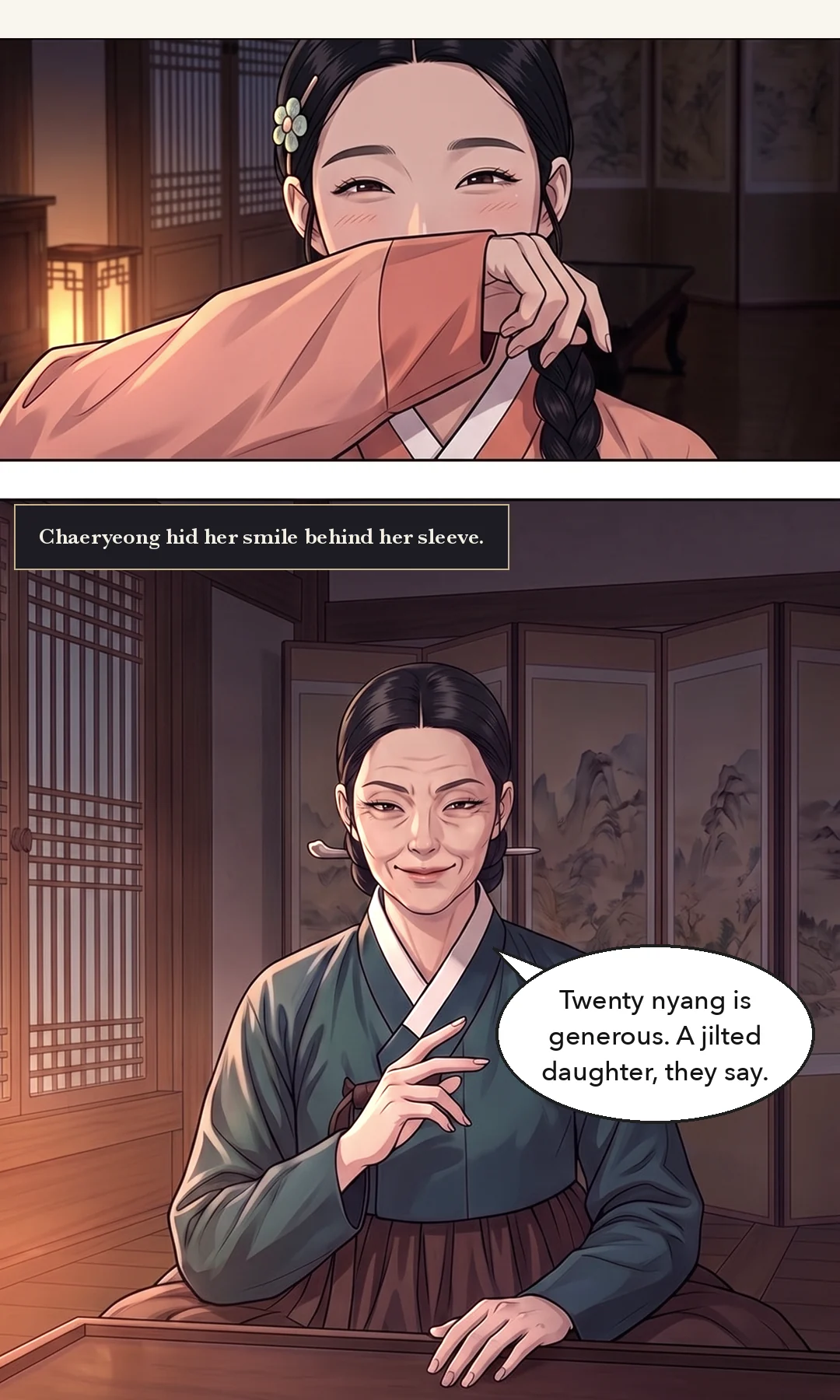 Yeonhwa just awake. She genuinely laughs. / (new) Mujin at the back door, scratching his head with a sheepish grin. — Yeonhwa: "You, who can't even split firewood?" I thought that was how our mornings would begin. The man who took a whole day over one log.