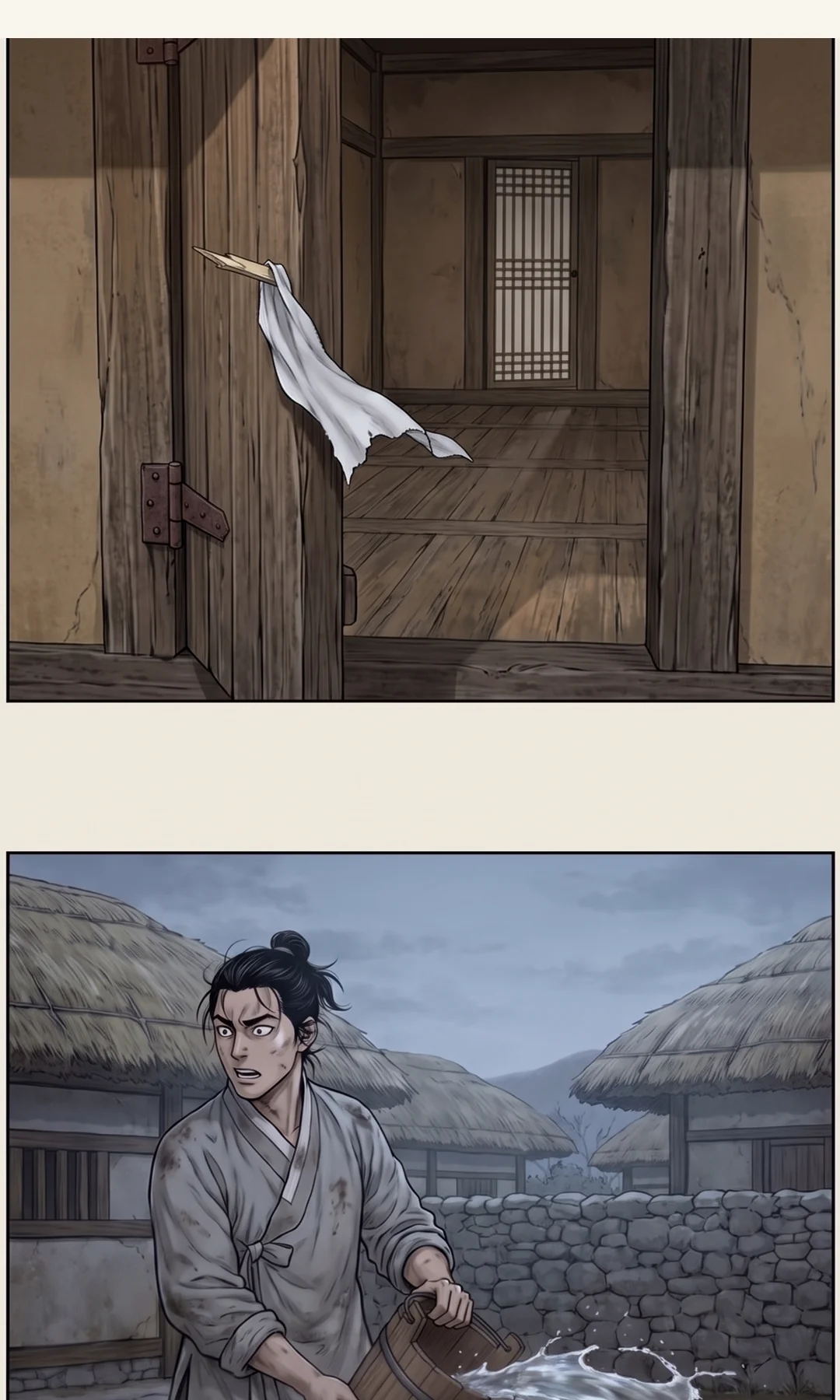 (신규 · 띠) 연화의 눈이 술상 옆 병으로 내려간다. / (손) 술상 옆 작은 도자기 병의 목을 오른손으로 쥔다. 허벅지 옆, 얼굴보다 낮게. — 문까지의 거리를 쟀다.