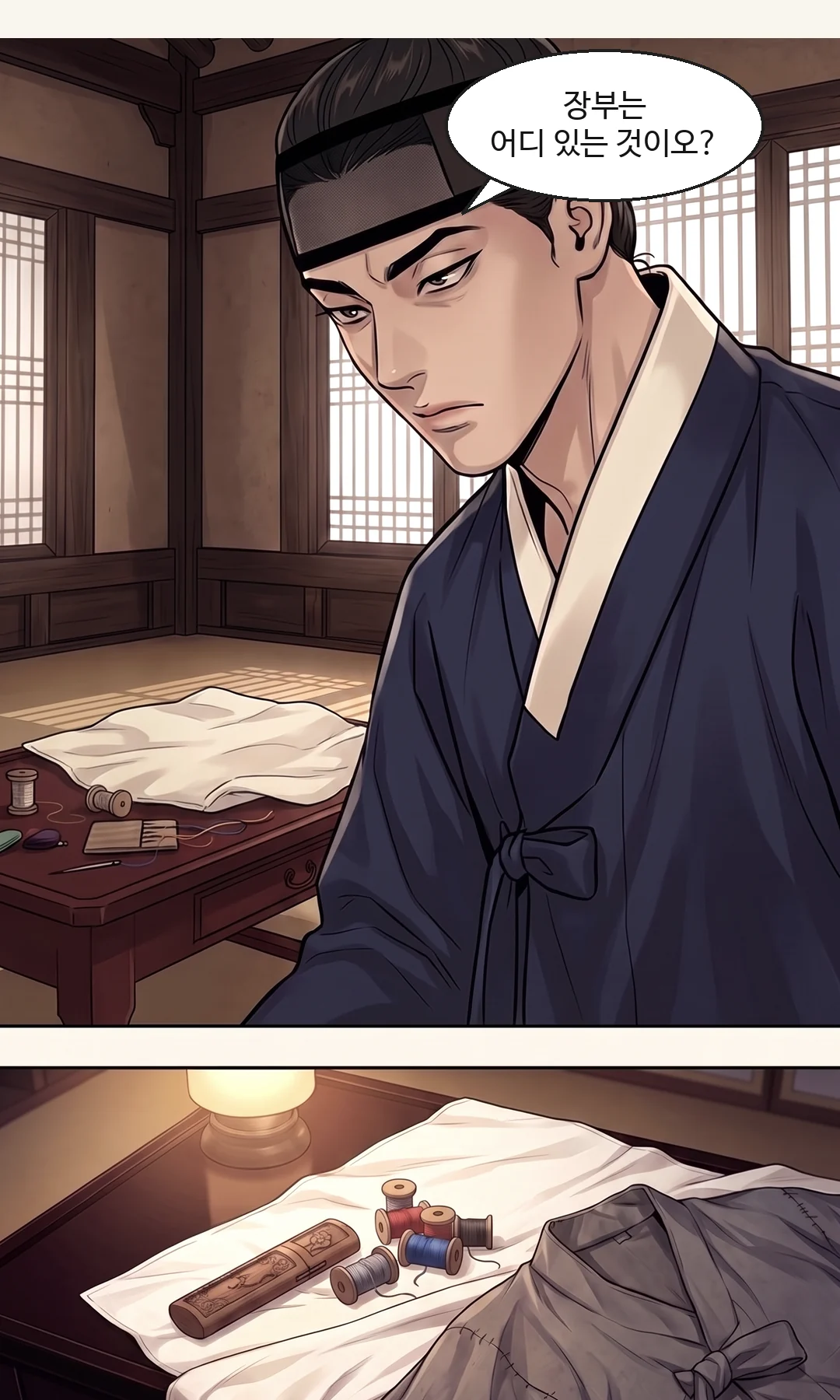 (신규) 깨진 병 소리에 반걸음 물러선 도윤. 손이 반쯤 올라간다. / 복도. 파열음을 들은 무진이 달린다. 뒤에서 무영이 칼집으로 사내의 몽둥이를 밀어낸다.
