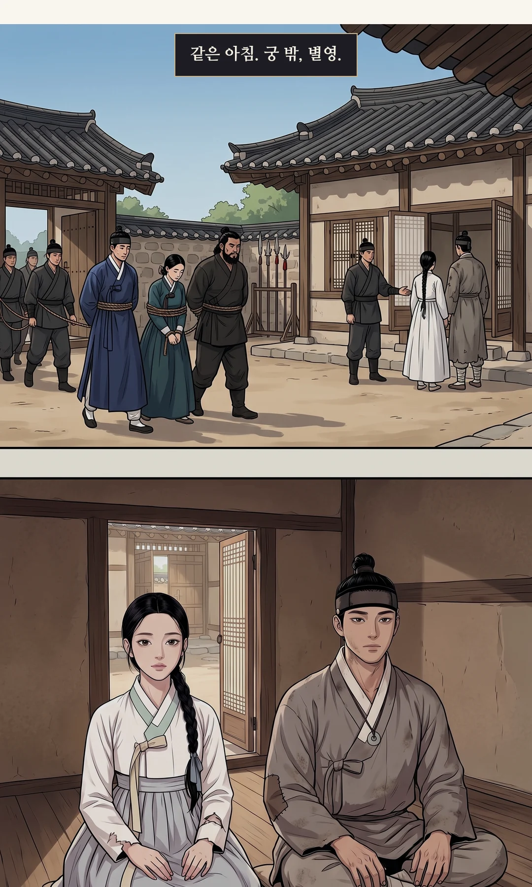 조금 빨라지는 연화. / 앞손이 묶인 도윤이 대신 답하며 줄에 걸린 채 반걸음 덤빈다. 무영이 어깨를 눌러 앉힌다. — 연화 "그런데 왜 장부를 찾았죠?" 도윤 "장부부터 뺏으랬다. 어디 팔든 상관없다고, 네 아비가."