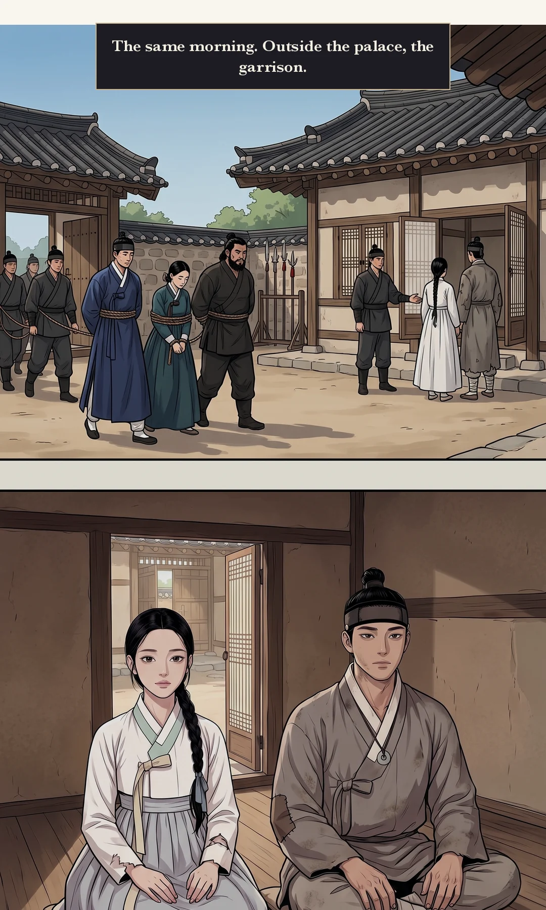 Yeonhwa speeding up a little. / Doyun, his hands bound in front, answers instead and lunges half a step against the cord. Muyeong presses him back down by the shoulder. — Yeonhwa: "Then why were you after the ledger?" Doyun: "Take the ledger first, he said. Sell her wherever — your father's words."