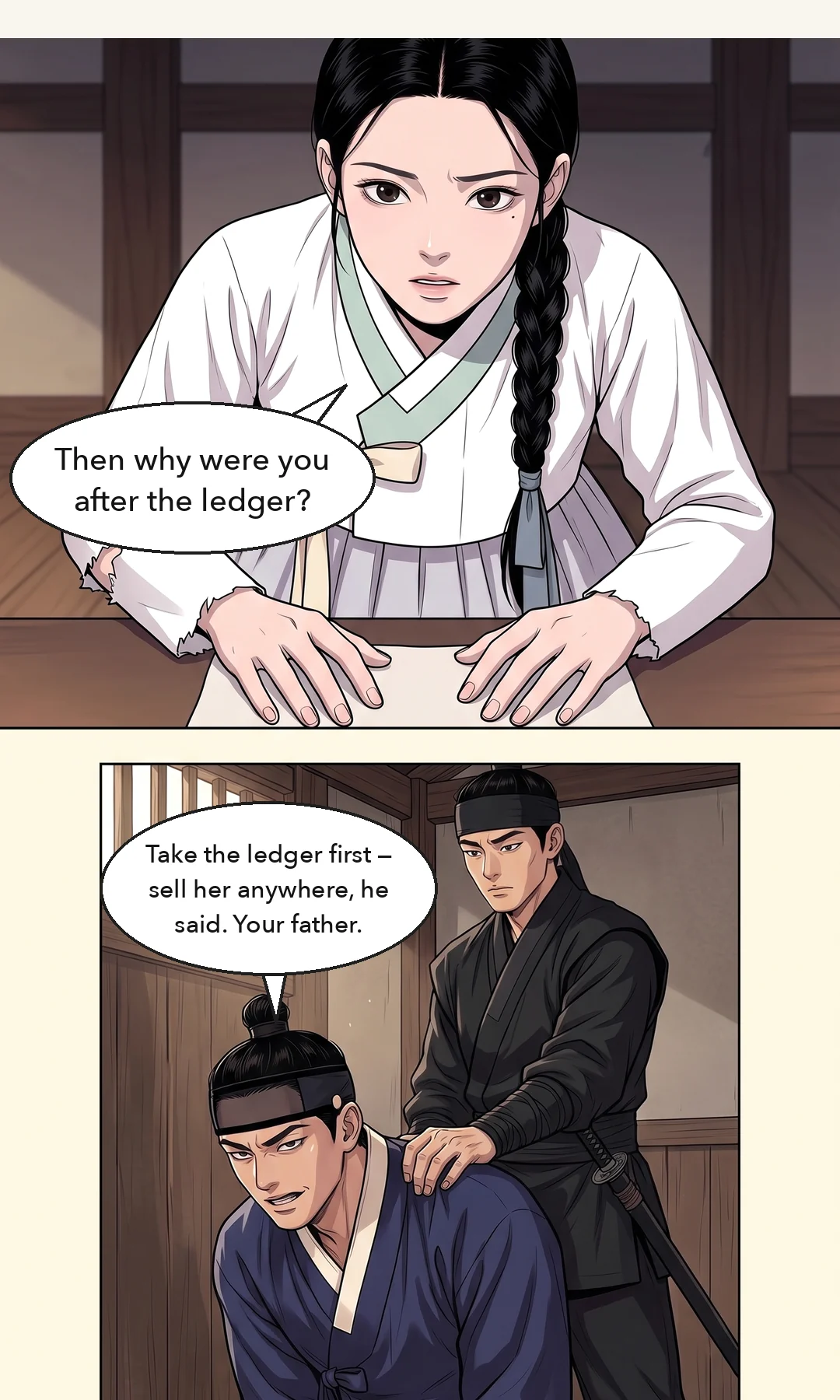 Yeonhwa — her first whisper. Not a question but fear. — Yeonhwa: "…Who are you?"