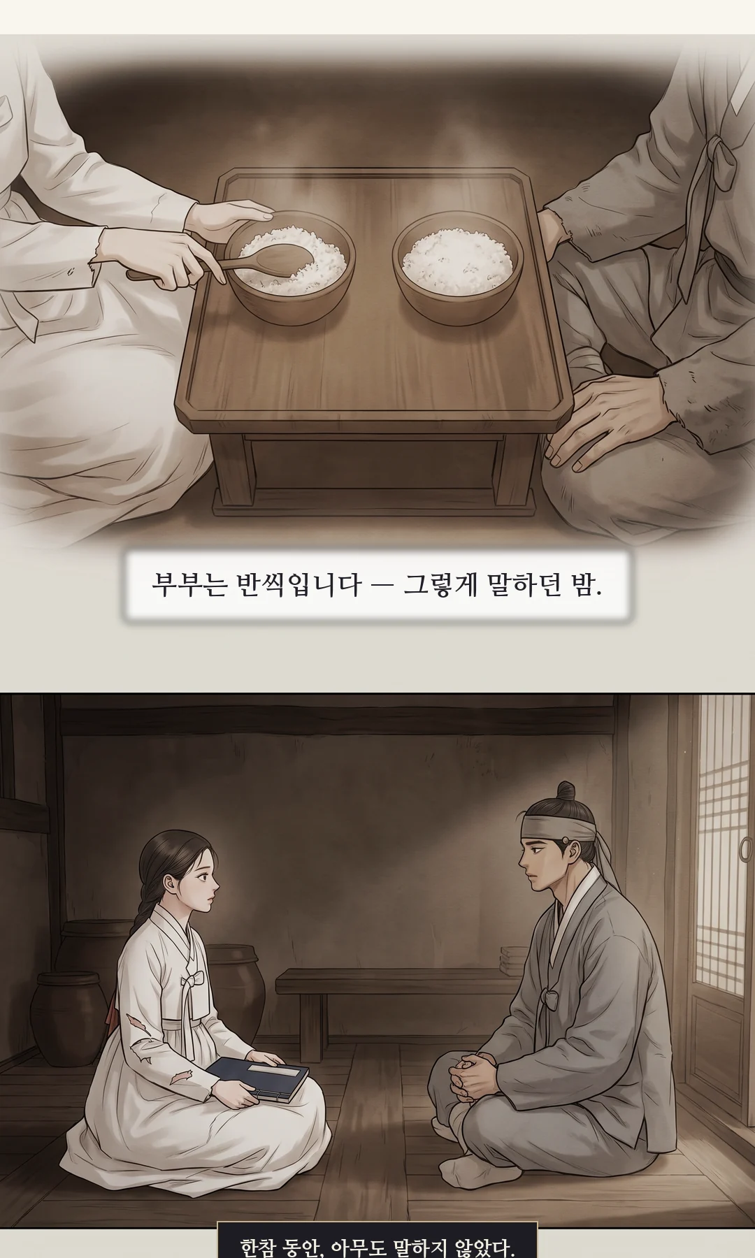 장부를 두 사람 사이에 놓는다. 결정. / 책을 당기지 않고 끄덕이는 이헌. 왕이 아니라 남편이 될 사람. — 연화 "장부는 보여드릴게요. 혼례는 미뤄요." 이헌 "정하는 건 당신이오." 왕의 말이 아니었다. 남편이 될 사람의 말이었다.