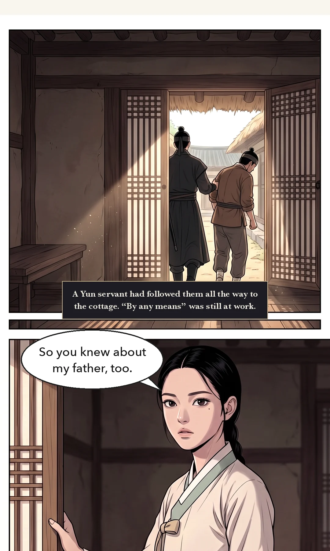 Muyeong at the threshold. For the first time he shows the king full courtesy — short; he is gentle only to the king. — Muyeong: "Yes, Your Majesty."
