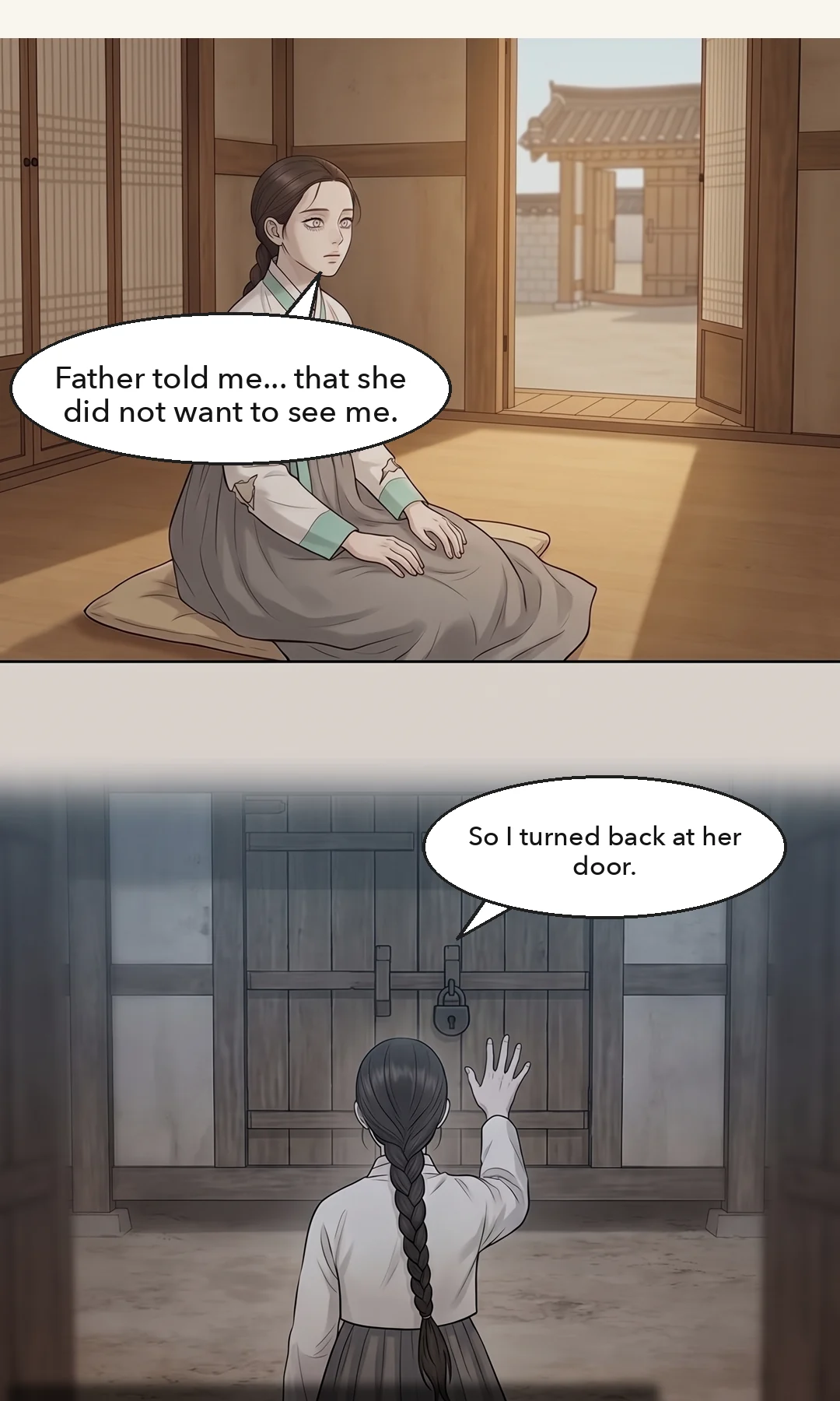 Sol-i holding her own wrist. Shrinking — after the pause she is barely audible. / (new · hands) Yeonhwa's hand closing around Sol-i's wrist. — Sol-i: "He said he'd kill me too if I told… I was frightened."