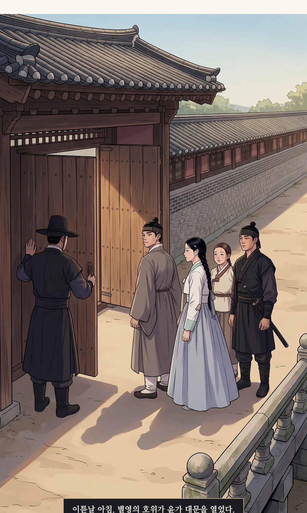 윤가 마당. 높은 돌계단 꼭대기에서 일행을 막고 고함치는 태식. 로 앵글(3화와 같은 구도). — 태식 "친아비를 고발해서 옥에 넣겠다는 게냐!"