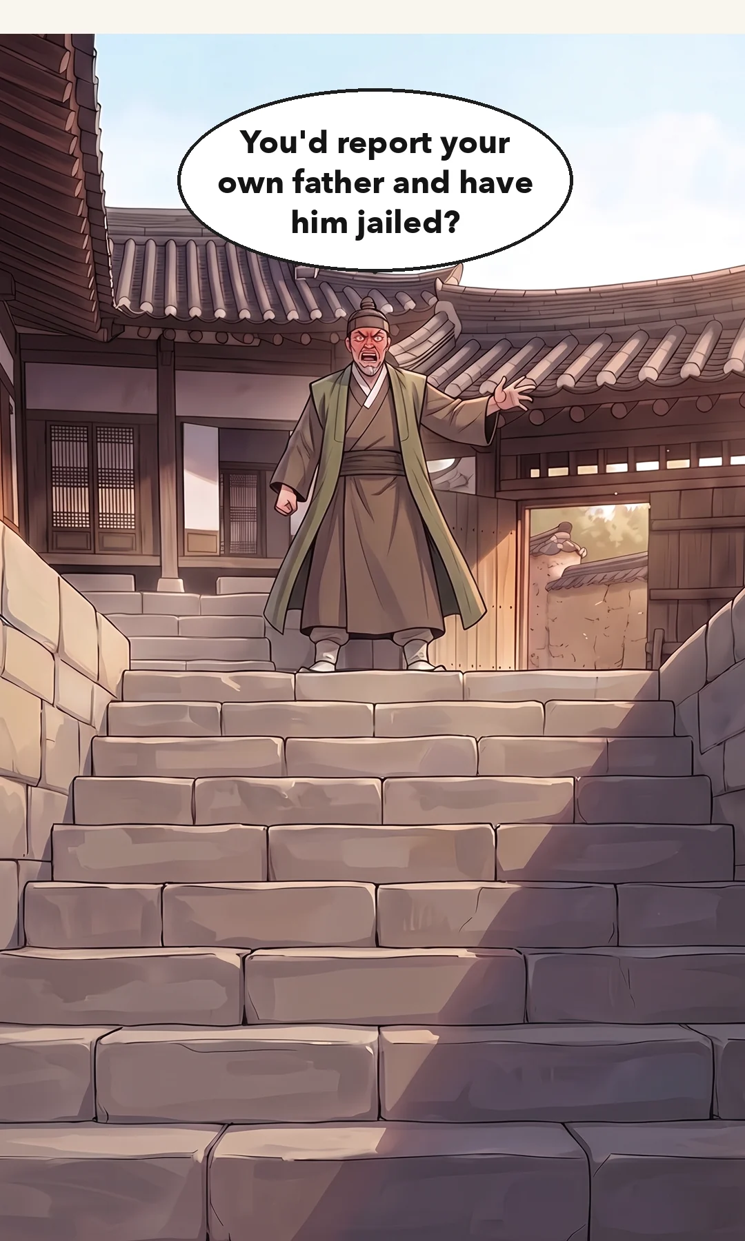 Taesik reaching to cover the document. Muyeong's hand blocks him. An excuse — fast, hands waving. / Yeonhwa does not give ground. Cold anger — one word at a time. — Taesik: "I did it to save you. I could not leave you beside that beggar." Yeonhwa: "By selling me to a courtesan house?"