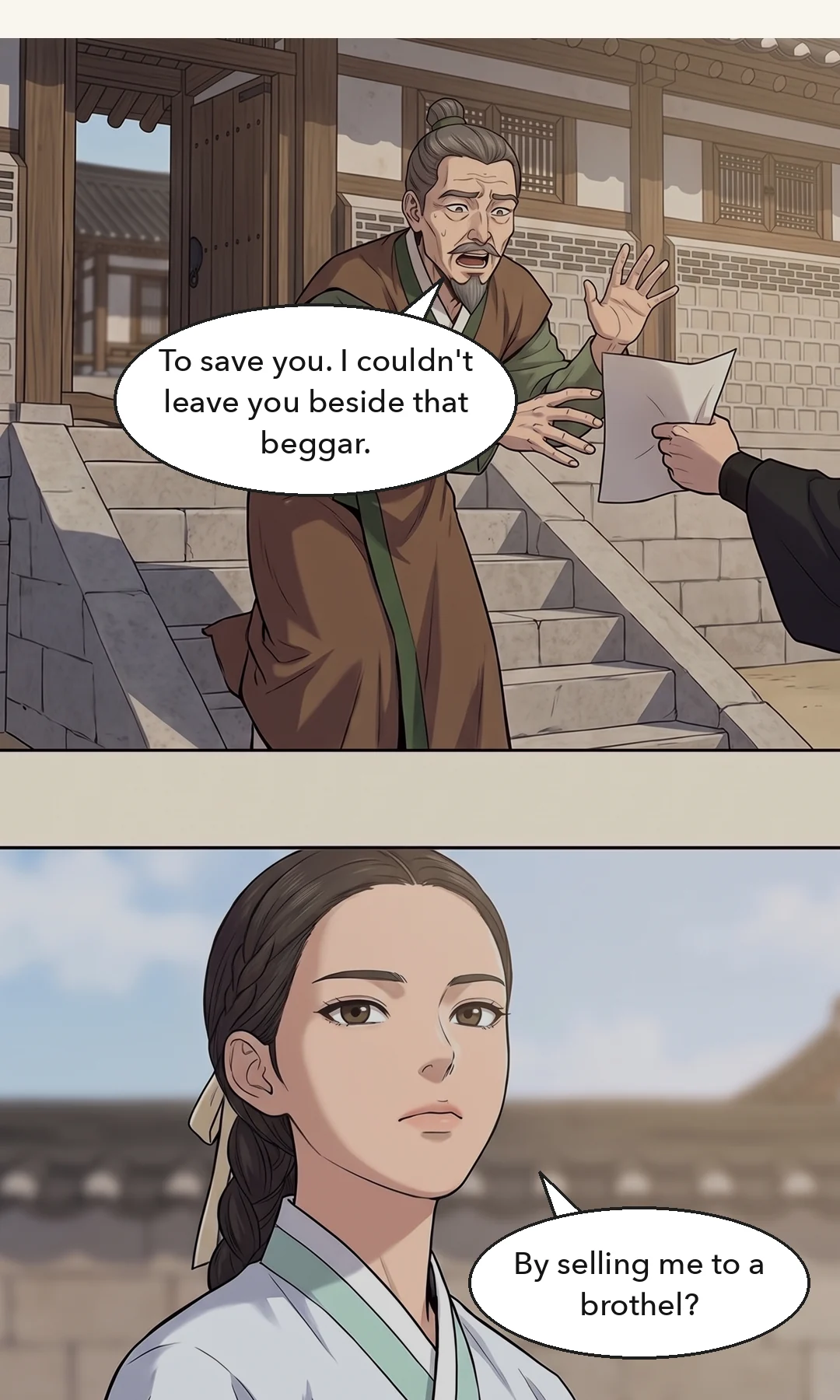 Trying to pull his wrist free, he shouts at Yi Heon. His voice cracks on the last word. — Taesik: "This is my household. How dare a beggar!"