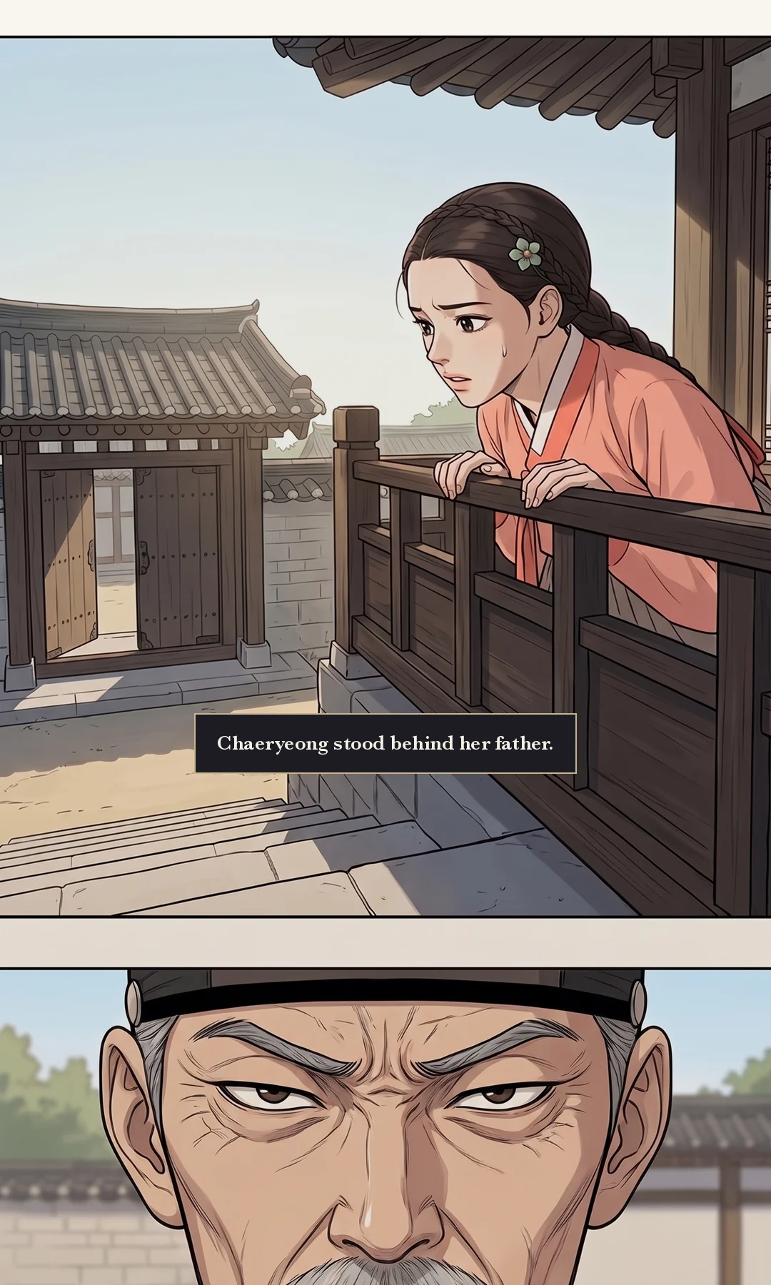 (new) Yeonhwa's face as she hears the order. / Muyeong instantly at Taesik's side. The title her family hears for the first time. — I heard the king's voice in front of my father. Muyeong: "Yes, Your Majesty."