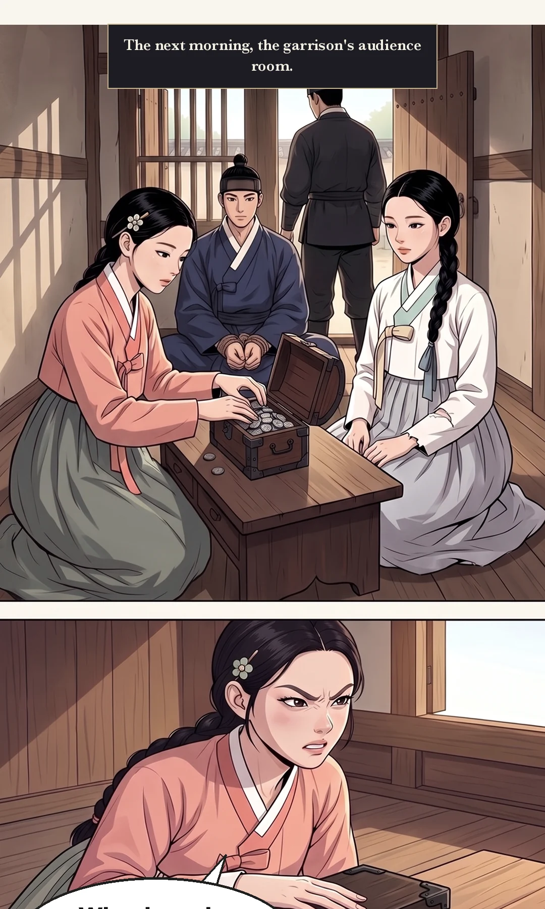 (hands) Yeonhwa lays a hand on the money chest. She does not take out any paper. Her torn left sleeve. / (memory · new) Ep. 2 — the day Yeonhwa paid Doyun's debt. Silver pushed across a table. — Ep. 2. Yeonhwa paid Doyun's debt for him. That money has never been returned.