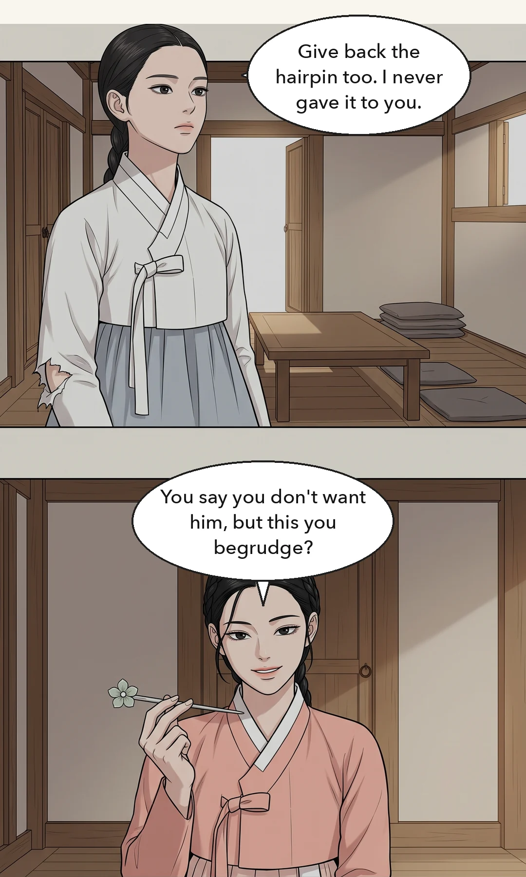 Yeonhwa's face in the new clothes. A small closed-mouth smile. / The door opens and the head court lady stands in the doorway — a backlit silhouette, no face. A voice from outside. — I had walked that road torn. It was the first time anyone offered to mend it. "The Queen Dowager summons you." the door sliding