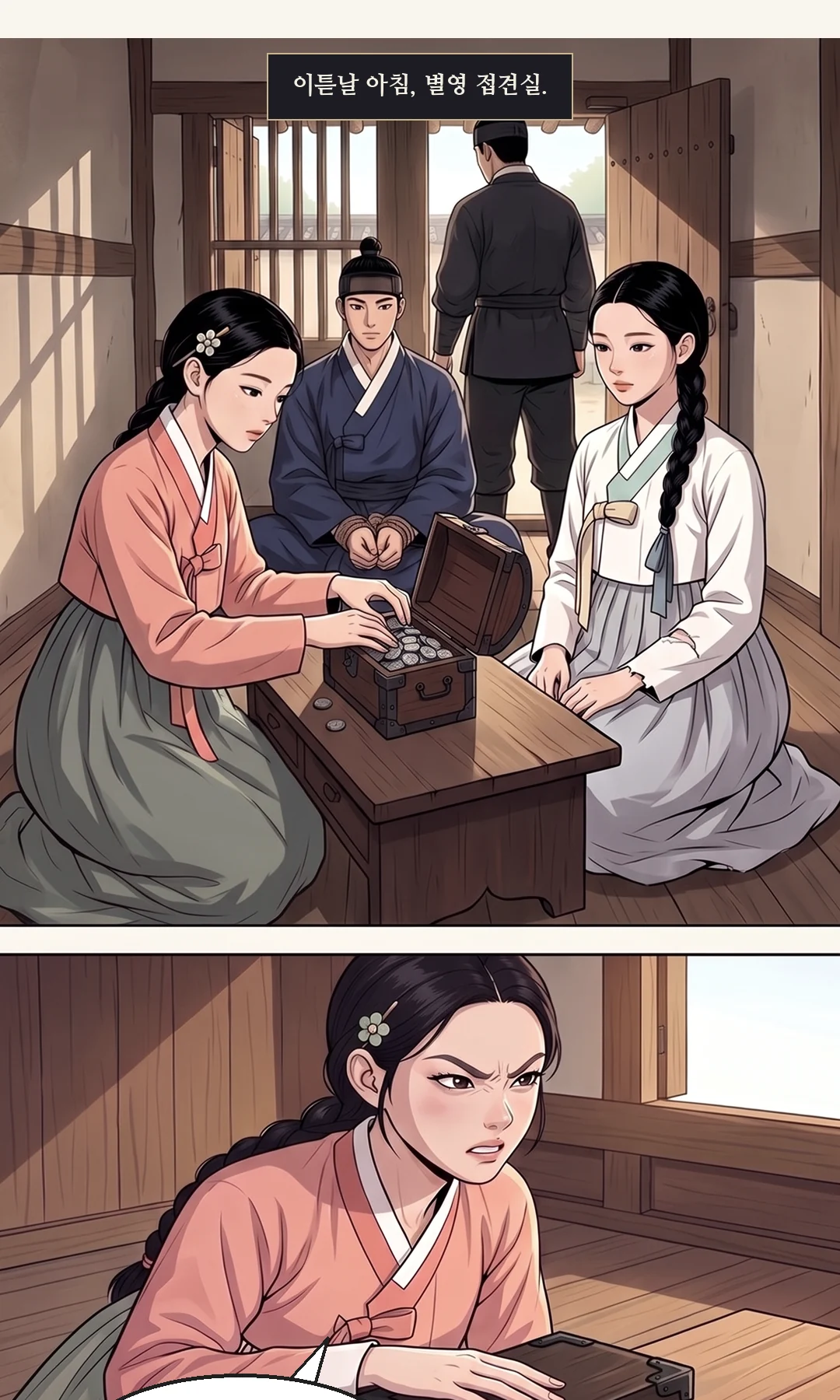 (손) 돈함 위에 손을 얹는 연화. 종이는 꺼내지 않는다. 찢긴 왼 소매. / (회상 · 신규) 2화 — 연화가 도윤의 빚을 대신 갚던 날. 은전이 상 위로 밀려간다. — 2화. 연화가 도윤의 빚을 대신 갚았다. 그 돈은 아직 돌려받지 못했다.