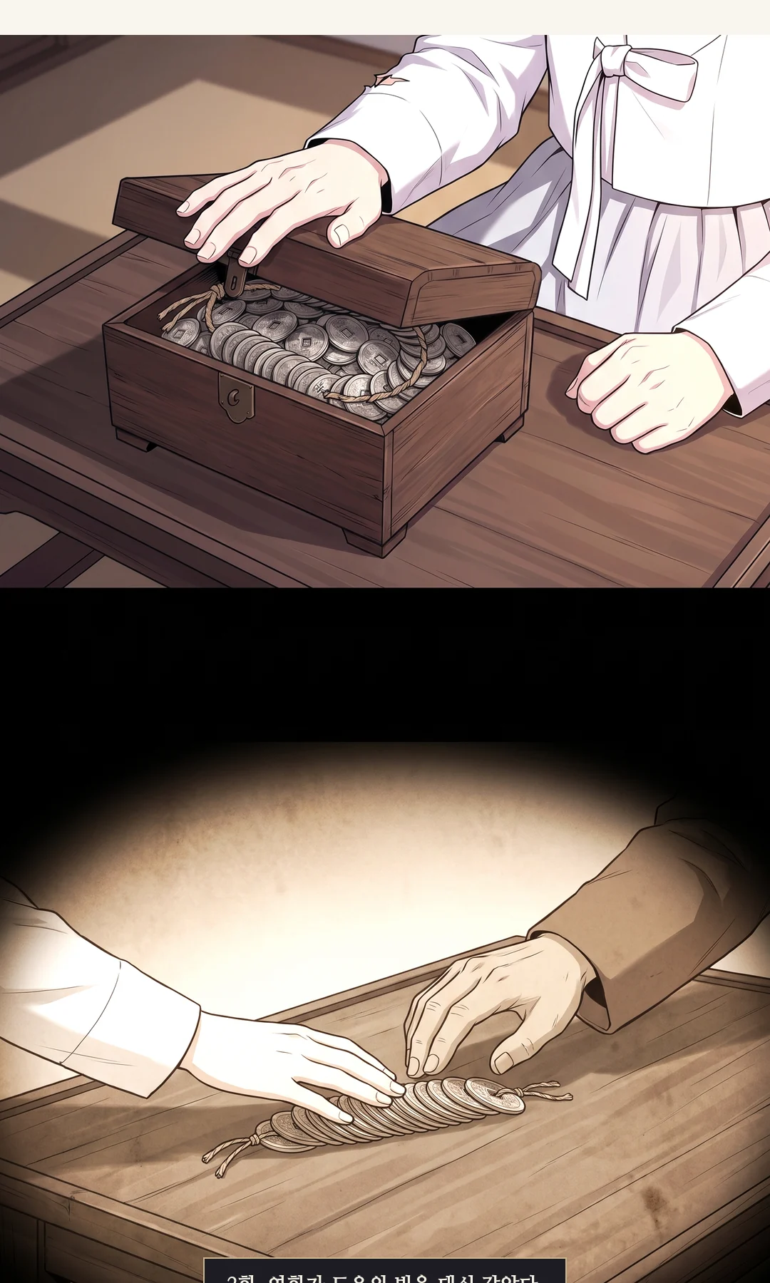 (손) 돈함을 제 앞으로 끌어당기는 연화의 손. 도윤 쪽으로 고개를 돌리지 않는다.