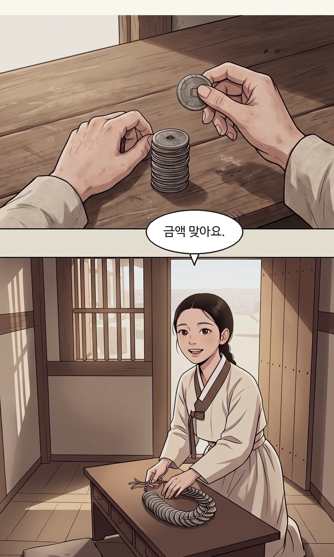 민치겸 정면. 조용 — 부드럽게, 입 다문 작은 미소 한 번. 가장 잔인한 말이 가장 조용하다. — 민치겸 "그러지. 윤가와는 이제 아무 인연도 없다."