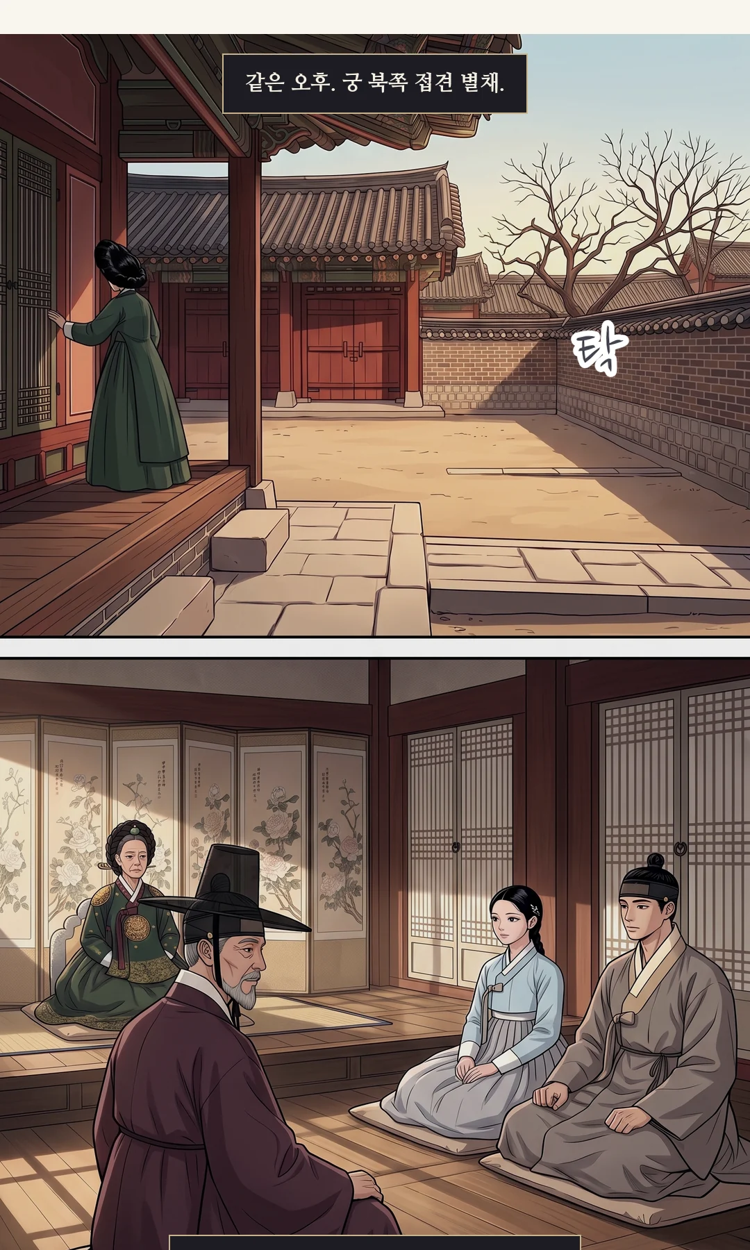 민치겸. 조용 — 정중하고 부드럽게, 웃음기. 대비에게. — 민치겸 "기루에 드나든 여인을 왕비로 맞으시렵니까."