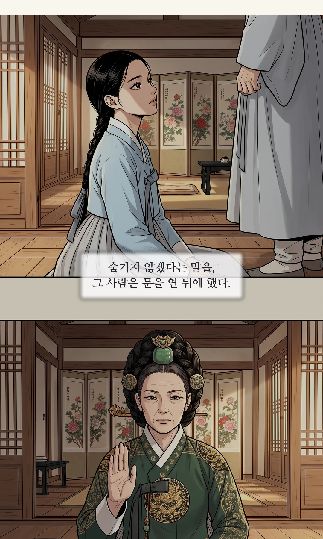 저녁. 별채 식사방. 열린 문 너머로 저녁빛. / 열린 문밖에서 인사하고 떠나려는 이헌. — 그날 저녁.