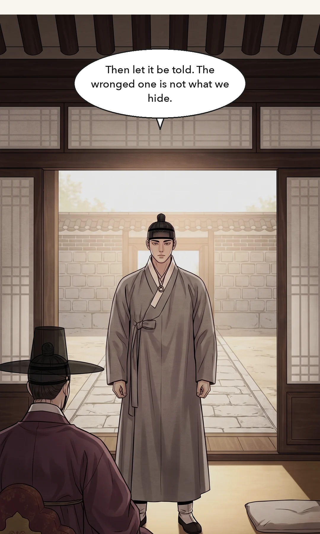The Queen Dowager from the front. A ruling — addressed to Min Chi-gyeom alone. Her voice rises once on the second sentence. — Queen Dowager: "As for the marriage, I will hear what the two of them wish." Queen Dowager: "The minister may withdraw."