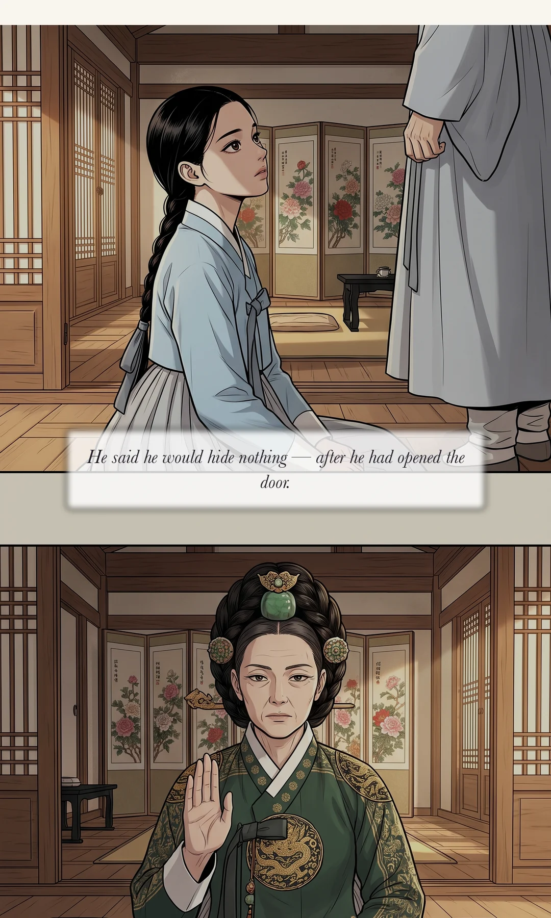 Evening. The dining room of the annex. Evening light beyond the open door. / Yi Heon outside the open door, taking his leave. — That evening.