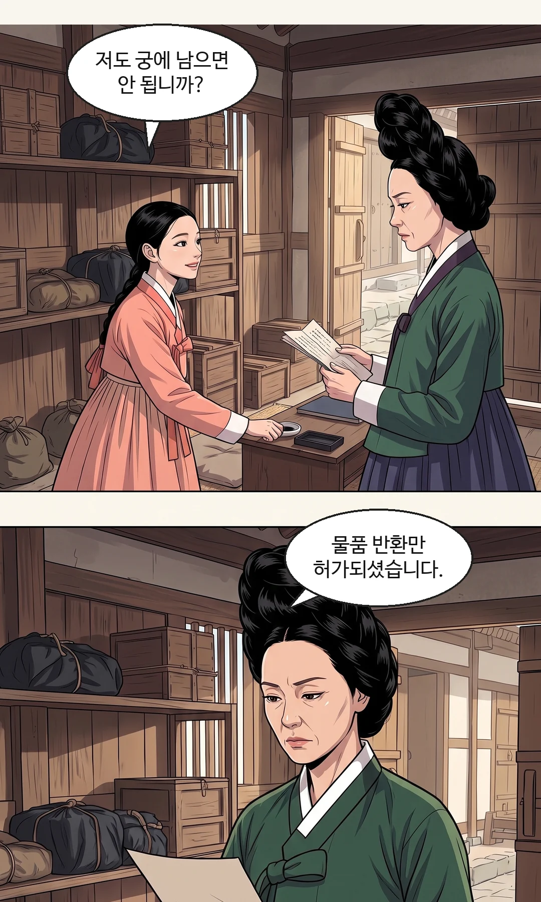 (손) 연화의 손에서 마른 천이 멈춘다. / 한 박자 늦게. 흔들림 — 첫 음절이 거의 안 나오고, 얇고 조금 빠르게. 숨으로 끝난다. — 한 박자, 아무 말이 없었다. 연화 "…문은 아버지가 잠갔잖아요."