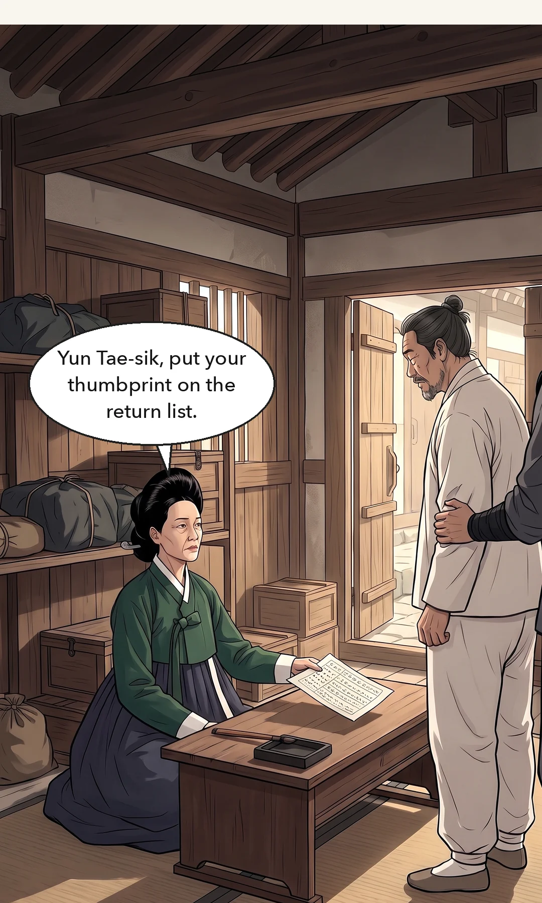 The girl's face. Small and frightened — her words trail off. / (hands) Chaeryeong adds a folded cloth pouch (the embroidered edging shows) to the girl's palm and closes her fingers over it with her own hand. — Serving girl: "This… for me?" The pouch — cut from the edging of her mother's embroidery.
