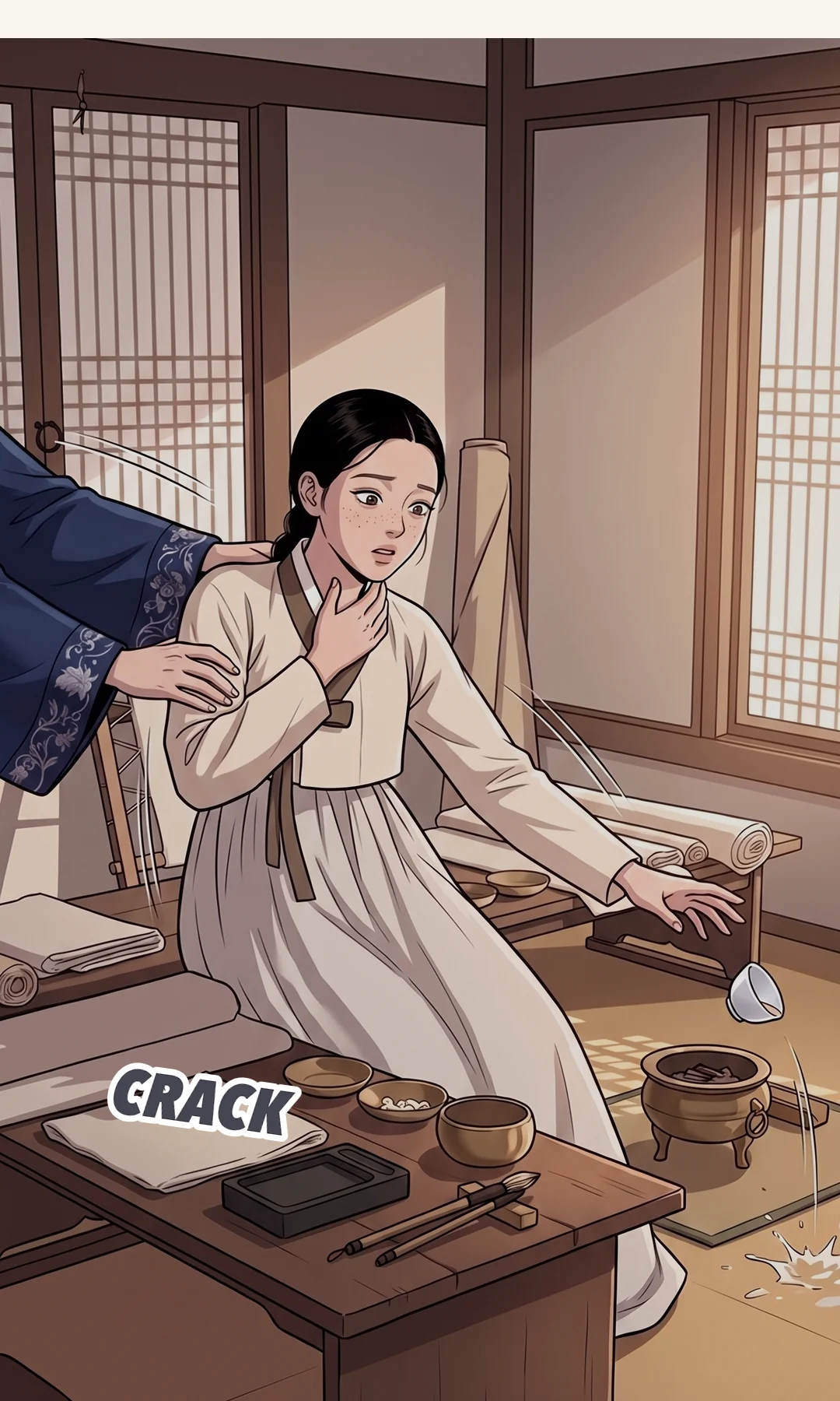 Yeonhwa. Urgent — fast and high. Her first raised voice in seventeen episodes. / Laying Sol-i on a cushion, she speaks to the serving girl. The urgency drops lower — but stays fast. — Yeonhwa: "Sol-i! Look at me, can you hear me?" It was Yeonhwa's first raised voice in seventeen episodes. Yeonhwa: "That tea — who brought it?"