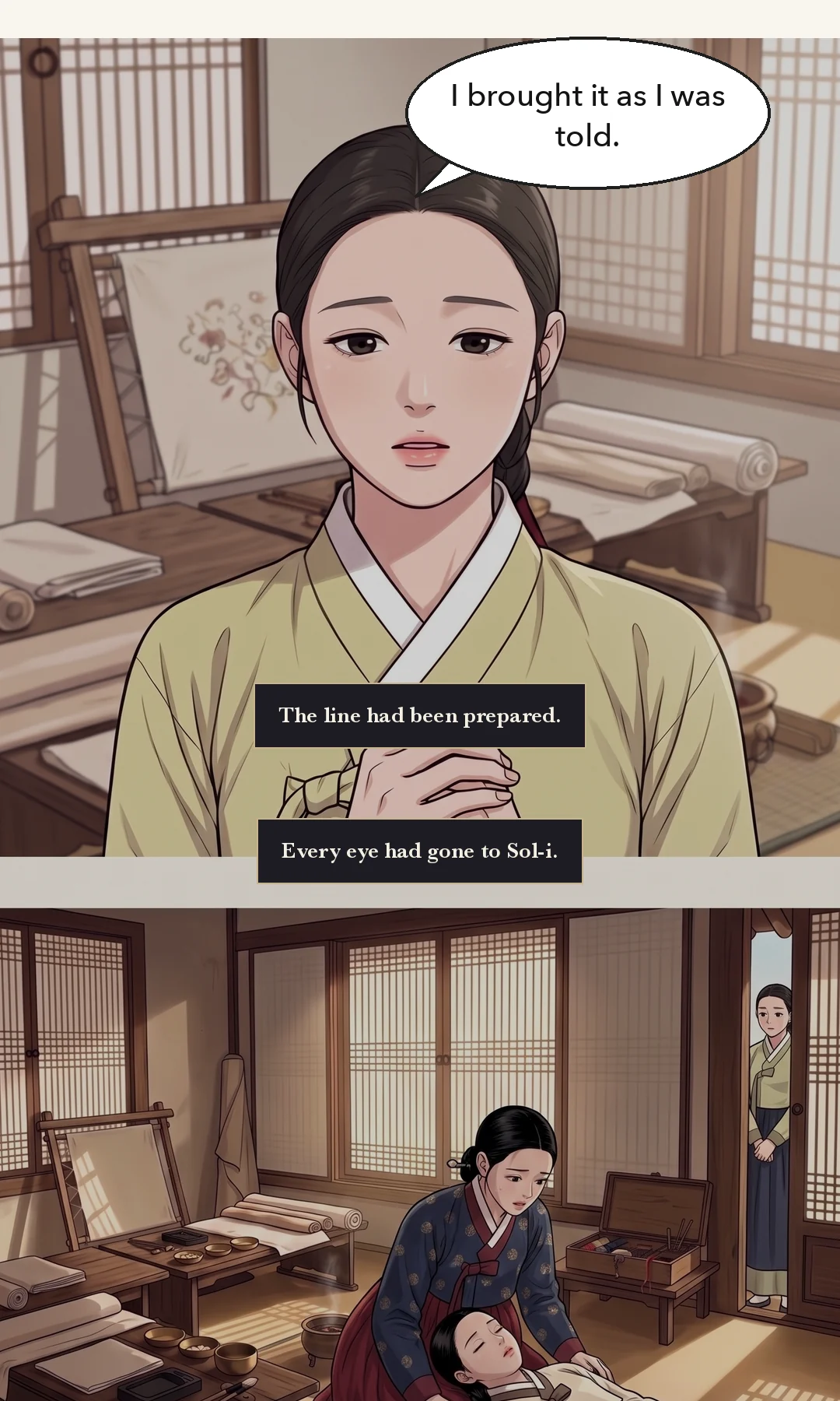 The serving girl points at the open work box. Rehearsed surprise — small, but audible to everyone. / (hands) The pouch inside the box. Yeonhwa's hands do not move from her lap. — Serving girl: "That pouch… isn't that the one Her Ladyship uses?" It was rehearsed surprise. Yeonhwa did not touch the pouch.