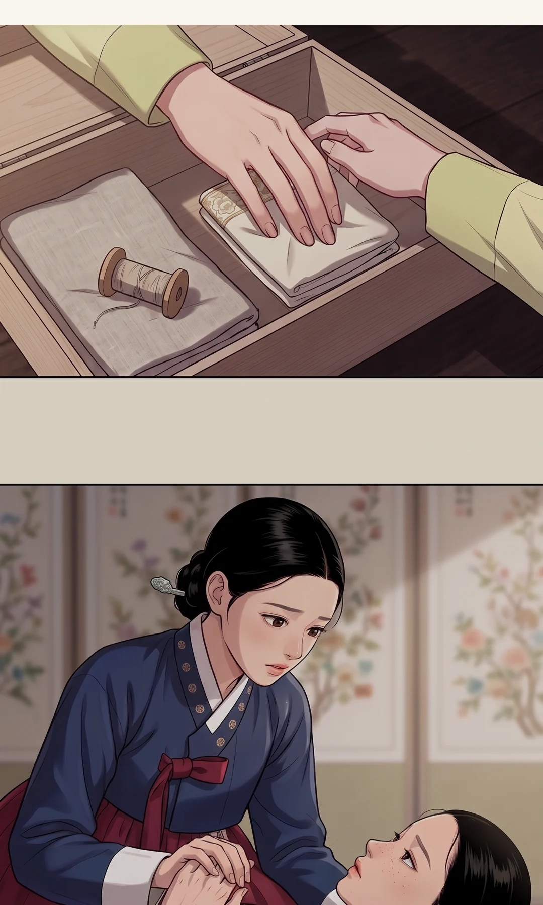 The head court lady (seen from behind) secures the box and cuts off the girl's way out. / (hands) Sol-i's hand weakly holding Yeonhwa's sleeve. — The box stayed as it was. The girl's way out was closed. Sol-i: "My lady…"