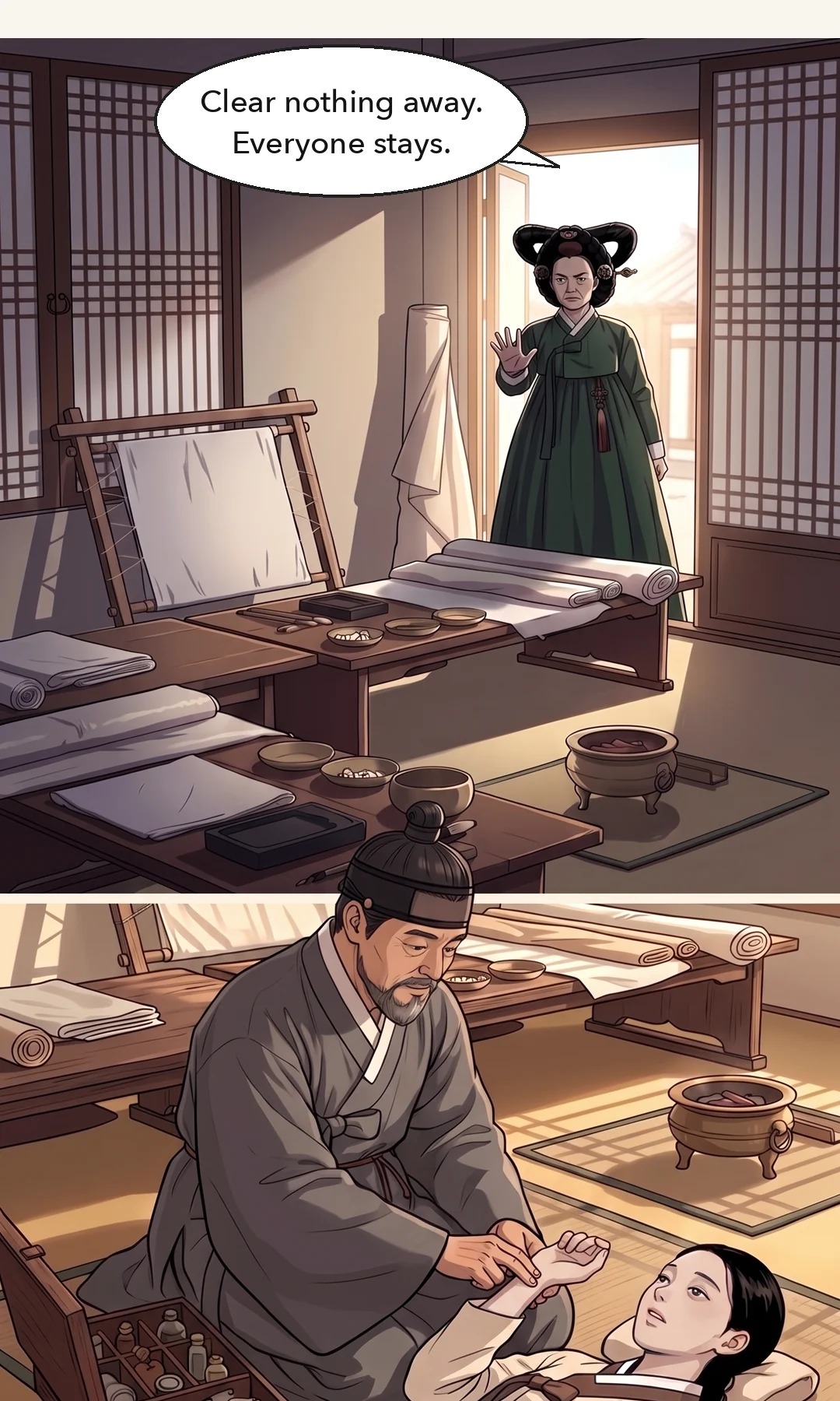 The Queen Dowager. After a long pause. An order — short and low, without feeling. — Queen Dowager: "Until this is settled, do not leave the annex."