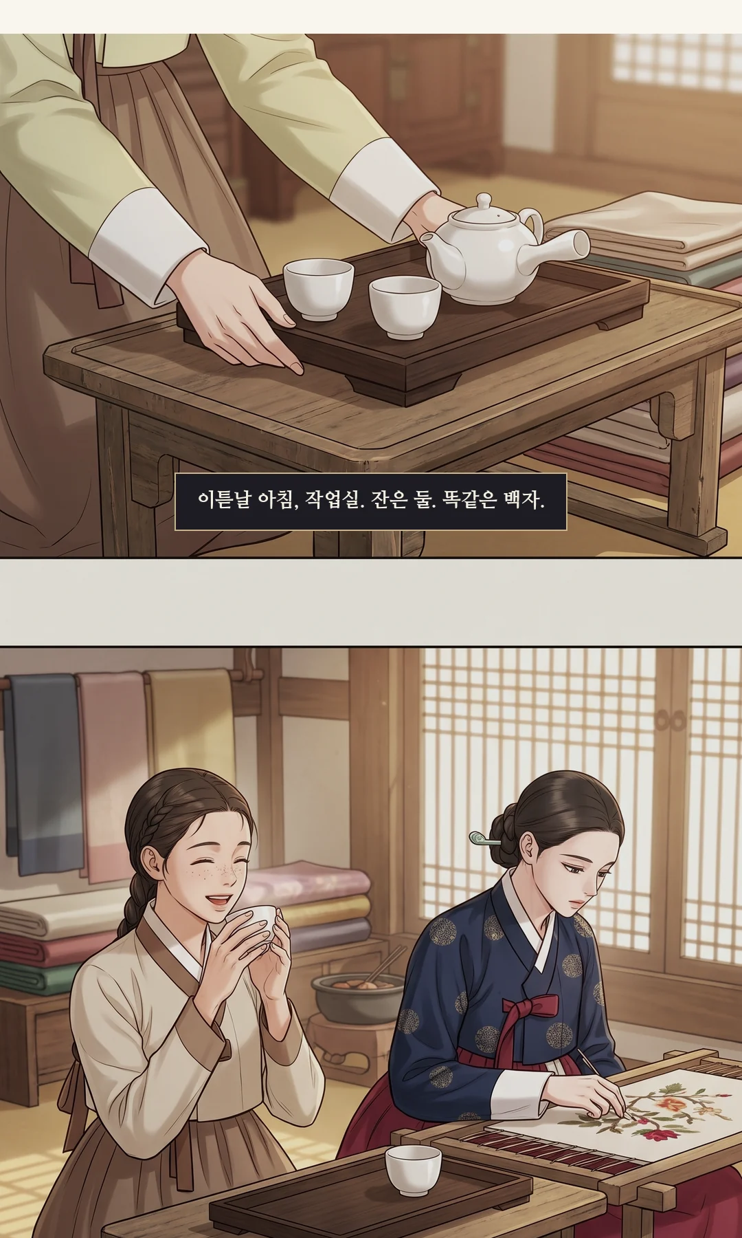 (손) 이튿날 아침 작업실. 찻상 — 똑같은 백자 잔 둘. 시녀의 손이 쟁반을 내려놓는다. / 평소처럼 자기 잔을 드는 솔이. 연화는 자수에 손을 대고 있어 잔은 그대로. — 이튿날 아침, 작업실. 잔은 둘. 똑같은 백자. 솔이는 평소처럼 자기 잔을 마셨다. 연화의 잔은 손대지 않았다.