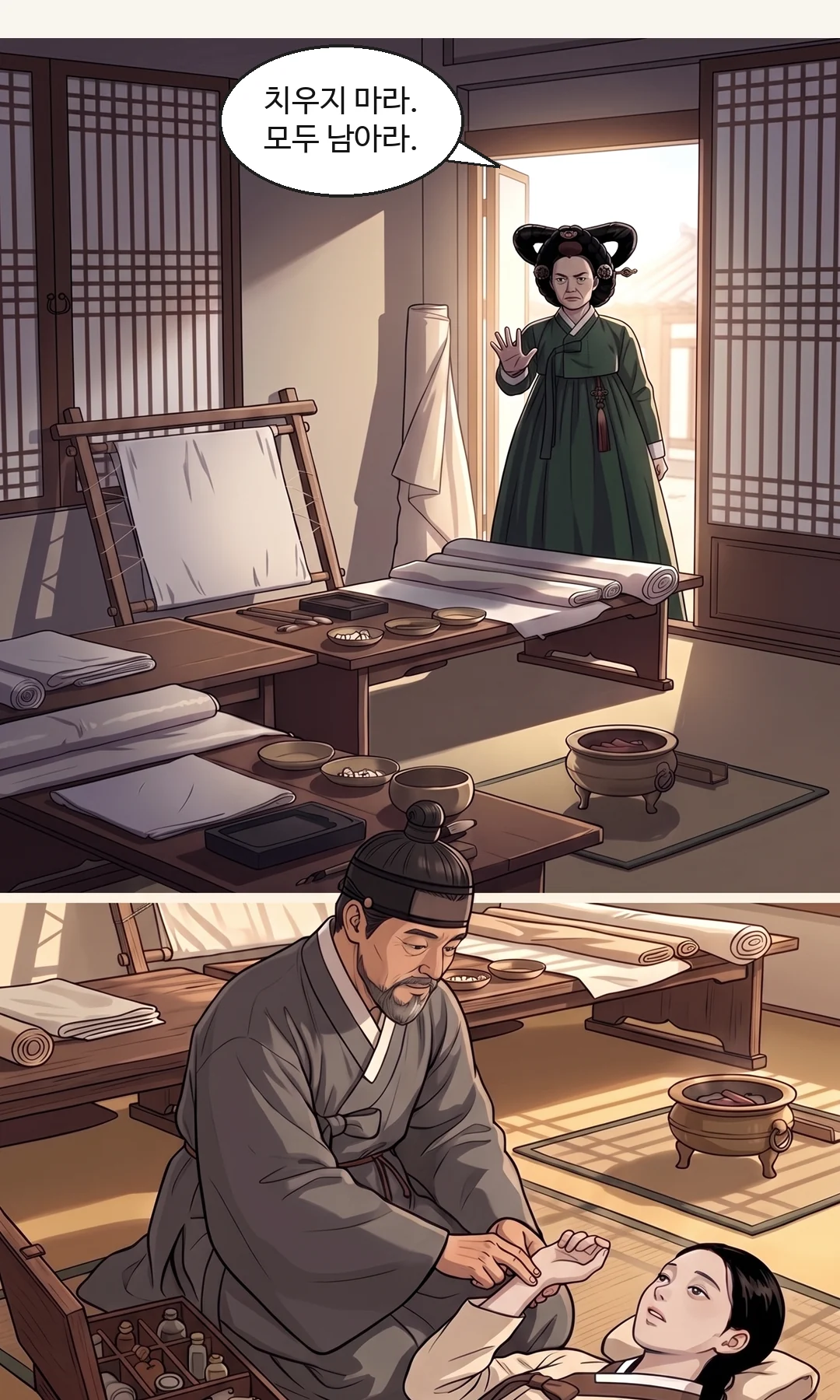 대비. 긴 멈춤 뒤. 명령 — 짧고 낮게, 감정 없이. — 대비 "확인될 때까지 별채에서 나오지 말라."