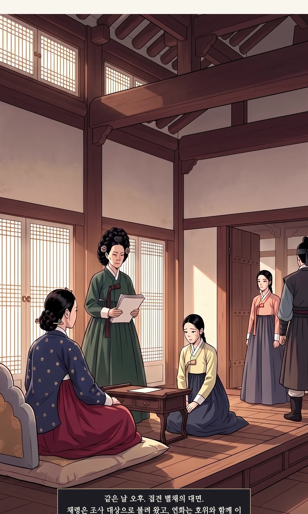 연화가 시녀에게 차 주문과 위해 지시를 분리해 묻는다. 차가운 분노 — 느리게, 한 단어씩. — 연화 "차를 가져오랬죠. 약을 넣으라고도 했어요?" 두 가지를 나눠 물어야 한다. 시킨 사람이 둘로 갈린다.