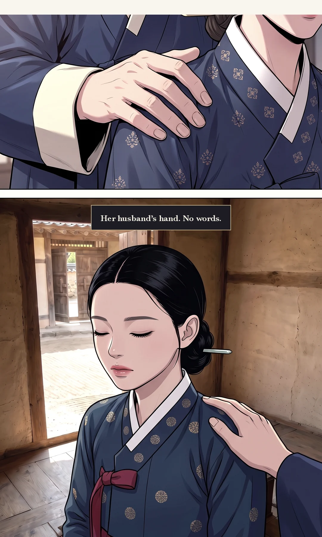 Min Chi-gyeom points at his bound son. Grave — the mask of a grieving father. His eyes are dry and cold. He does not smile. / Doyun looks at his father and starts forward, stopped by his bonds. Breaking — high and fast. — Min Chi-gyeom: "It was my son who stole the army's grain." Doyun: "When did I ever touch the army's grain?"