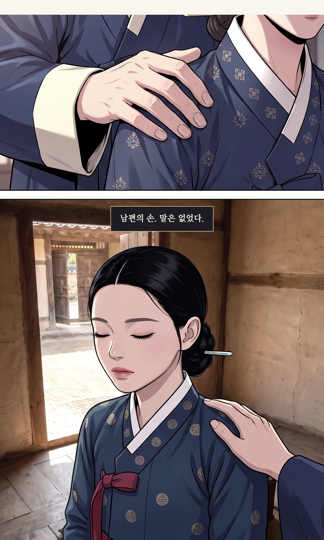 민치겸이 묶인 아들을 가리킨다. 근엄하게 — 슬픈 아버지의 가면. 눈은 마르고 차갑다. 웃지 않는다. / 도윤이 아버지를 보며 나서려다 포박에 멈춘다. 갈라짐 — 높고 빠르게. — 민치겸 "군량을 빼돌린 건 제 아들입니다." 도윤 "제가 언제 군량에 손댔습니까?"