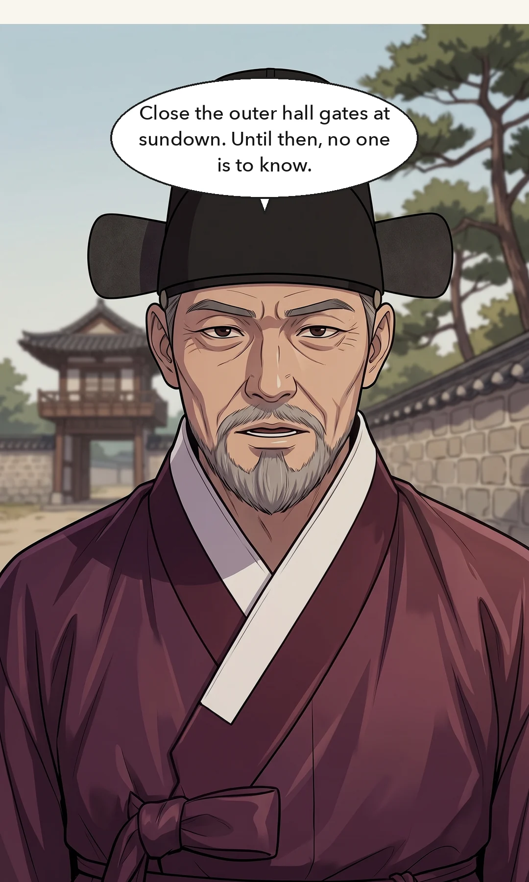 Min Chi-gyeom to the jailer guarding Doyun (seen from behind). Quiet — as if speaking of a thing. / (hands) A rebel's hands untie the cord at Doyun's wrists. Red marks. — Min Chi-gyeom: "Untie him. There is still a use for him."