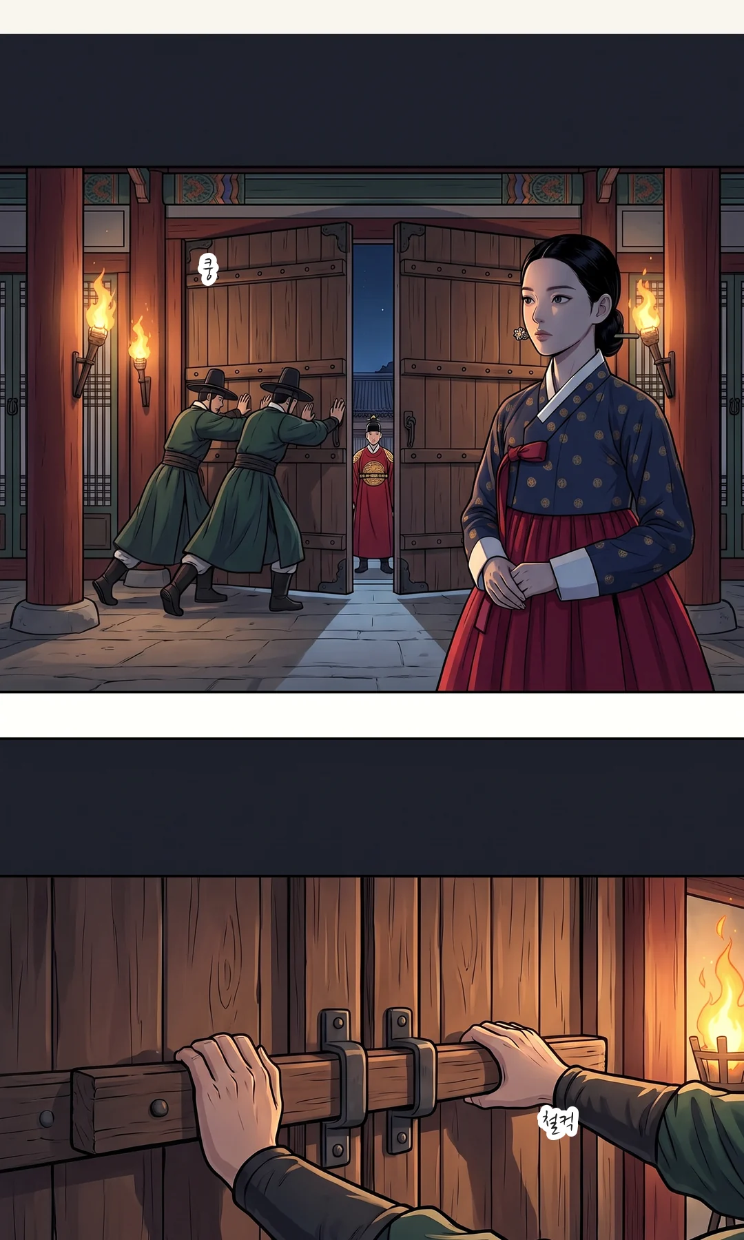 (웹툰 연결) 땅 위 왕의 얼굴. 눈을 뜬 채 숨을 몰아쉰다. / 무영이 살아 있는 왕을 땅 위에서 일으킨다.