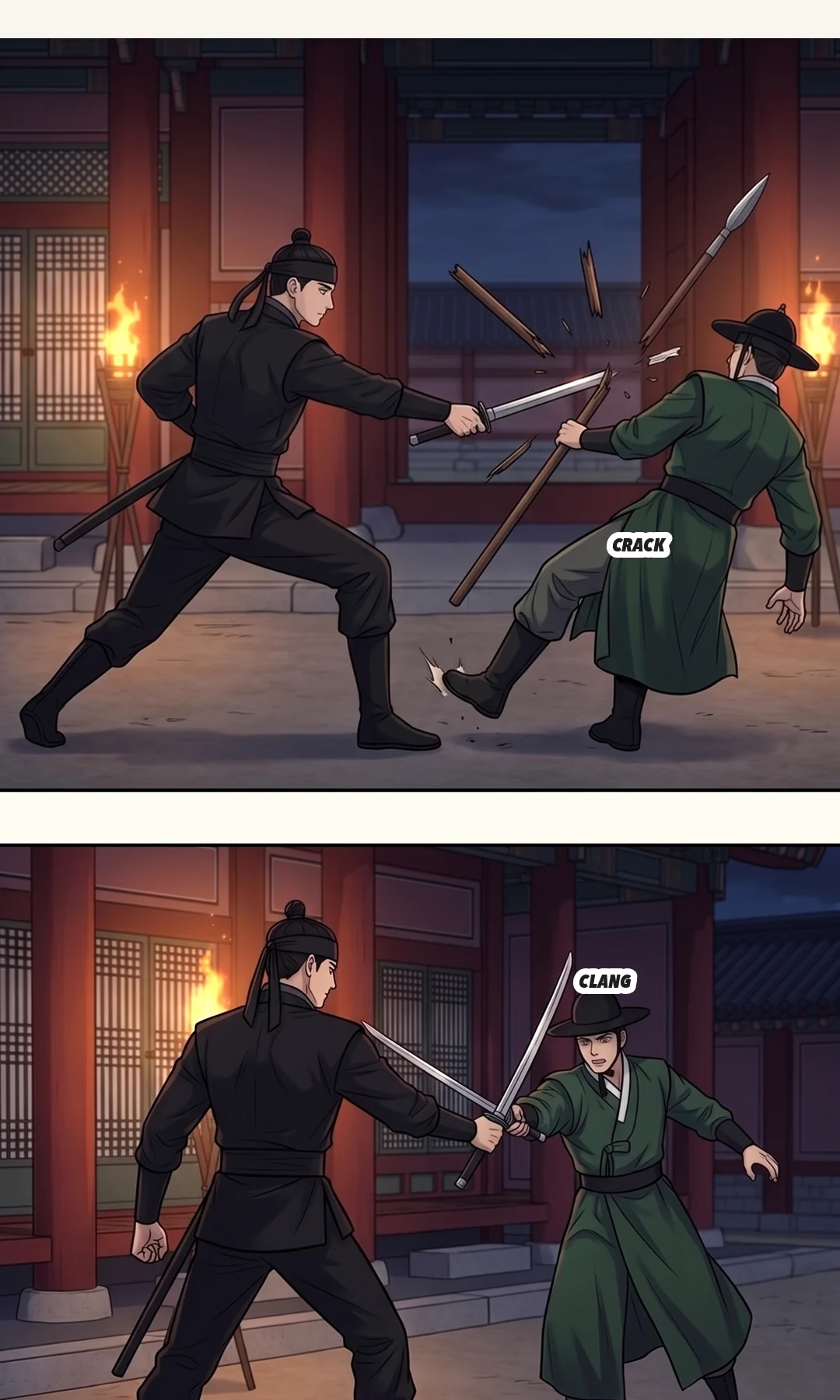 Sol-i takes the case in her arms and runs down the side corridor. / Outside the door, Yi Heon reaches his hand toward Yeonhwa inside. — Yi Heon: "Take my hand!"